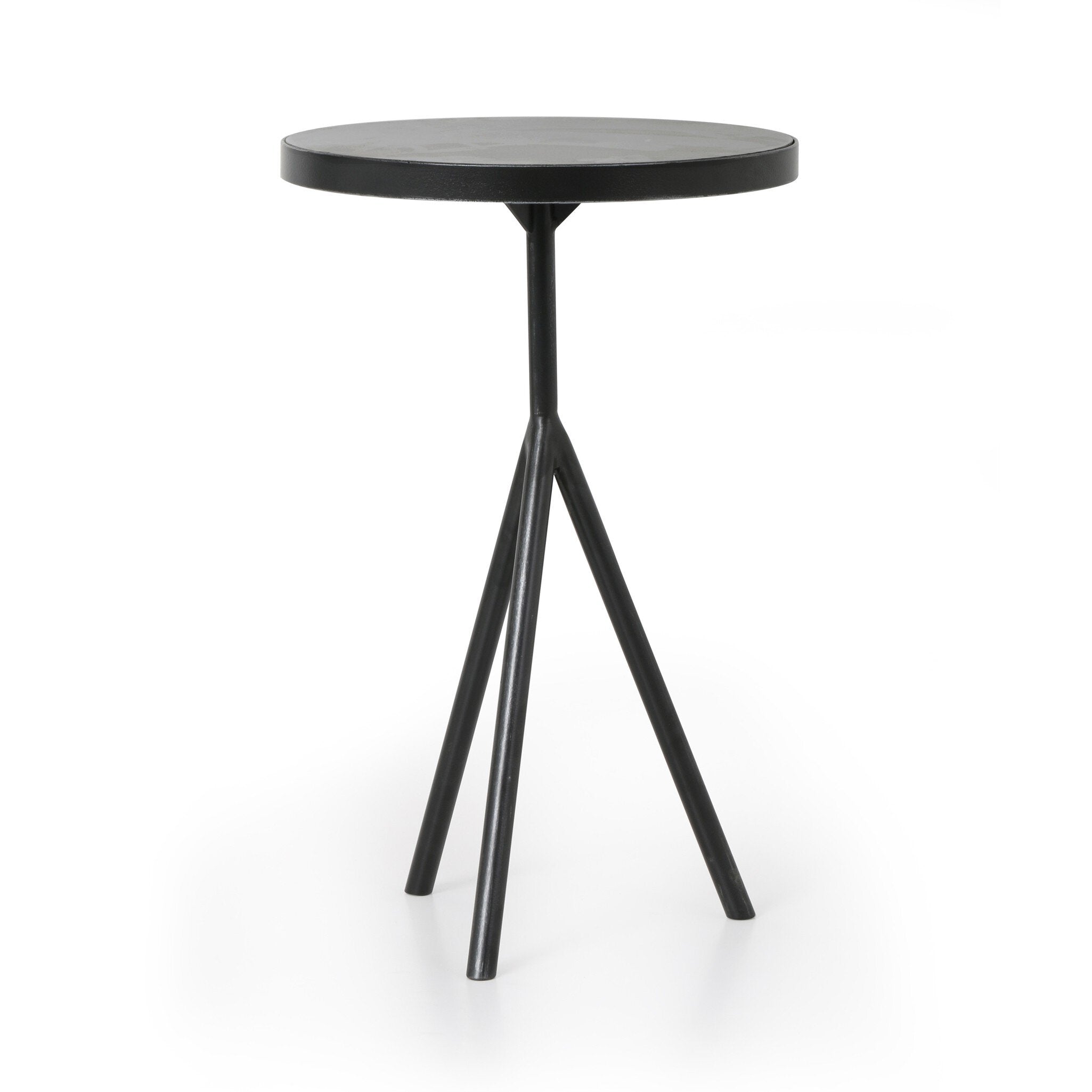 Black-finished iron round end table with tripod base and bluestone top on a white background. | Wildwood Home Co.