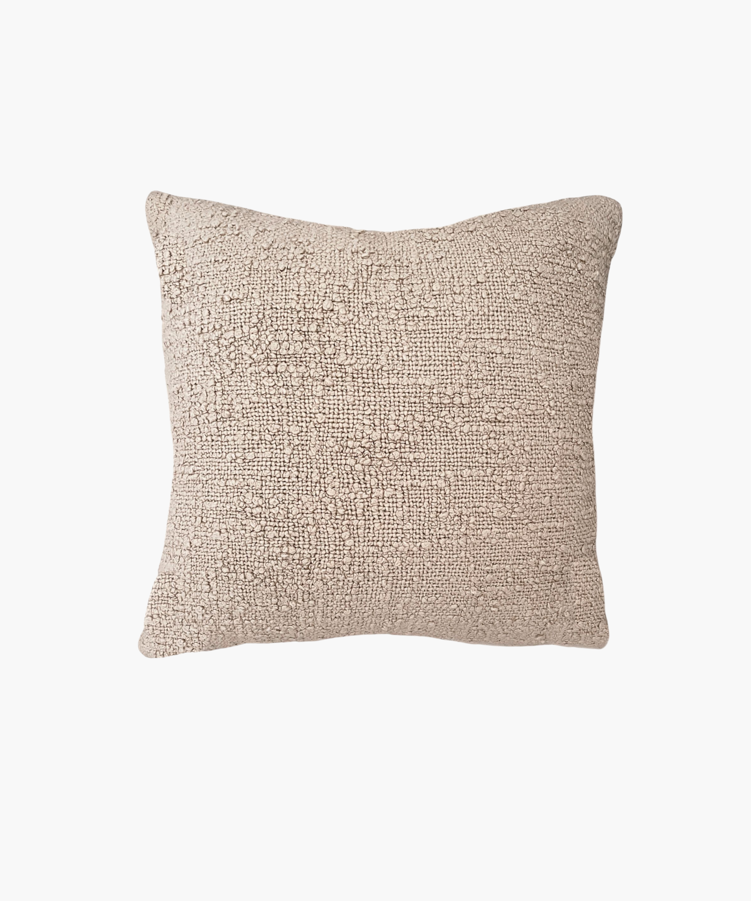 A square beige pillow with a textured, woven surface. The pillow appears soft and cozy, evoking a sense of warmth and comfort. | Wildwood Home Co.
