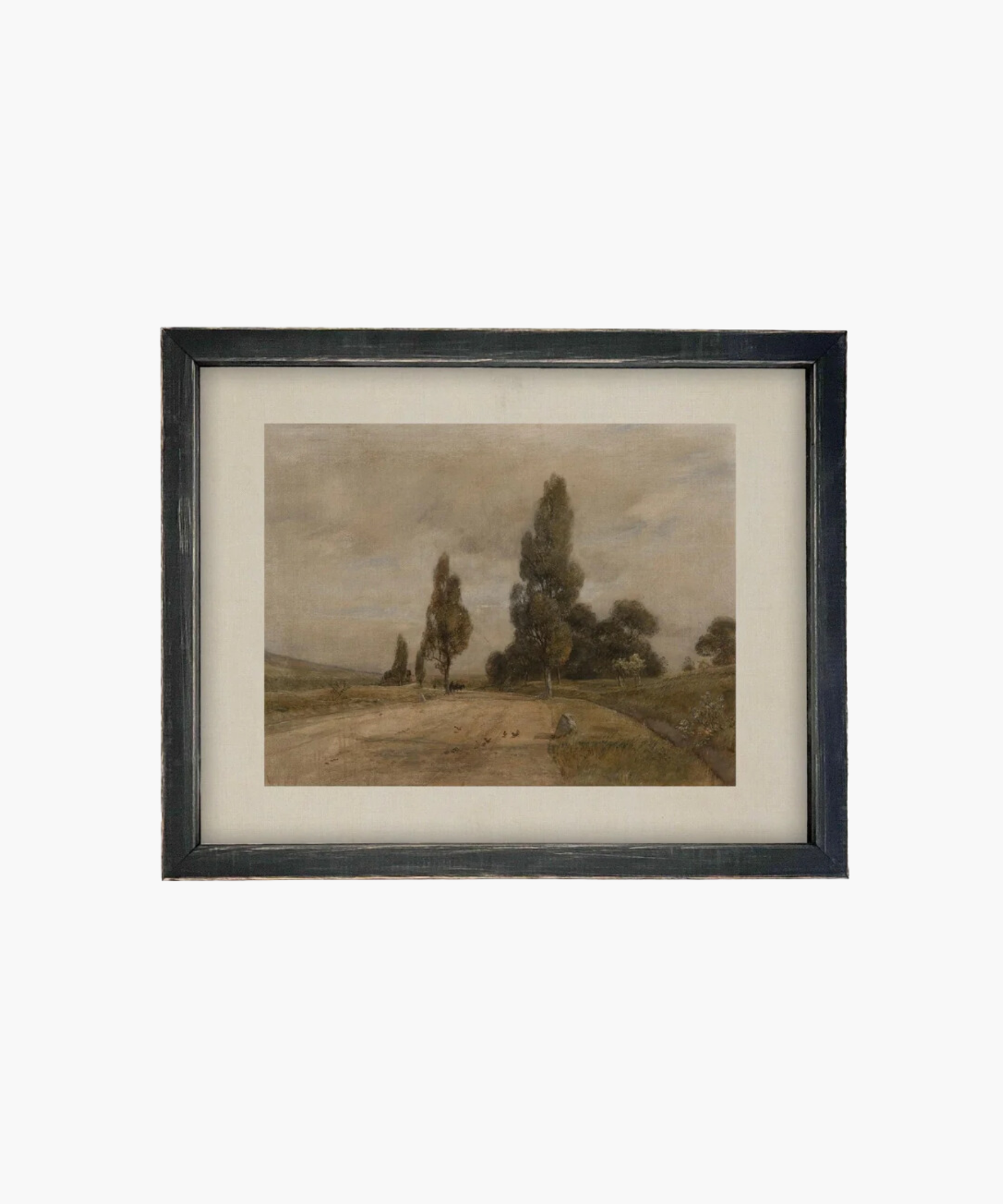 Framed landscape painting depicting a serene countryside with a dirt path, tall trees, and a cloudy sky with a vintage black frame. The muted tones evoke a calm, peaceful mood. | Wildwood Home Co.