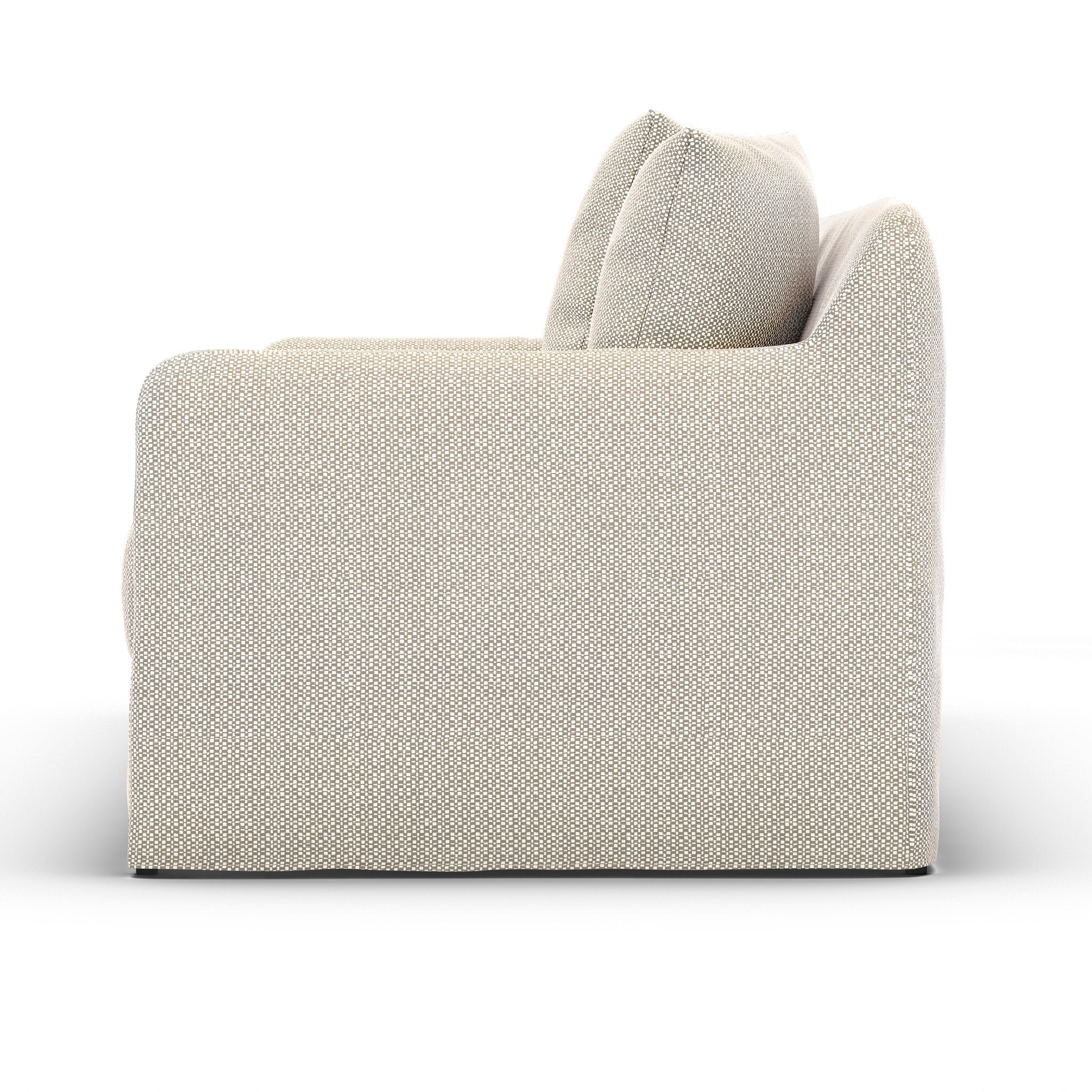 Side profile of a sand colored slipcover outdoor sofa on a white background.
