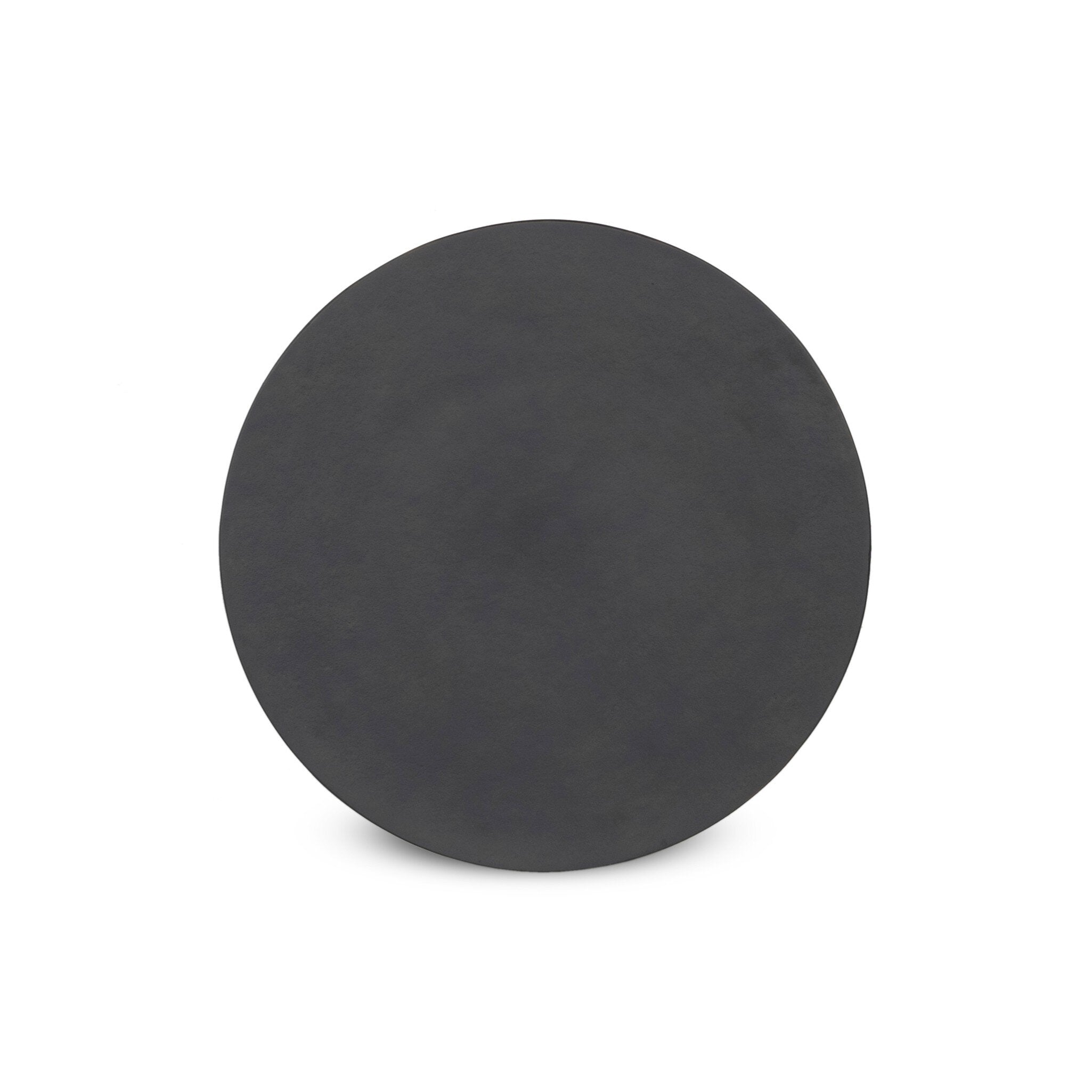 Overhead picture of an antique black finished round end table on a white background.