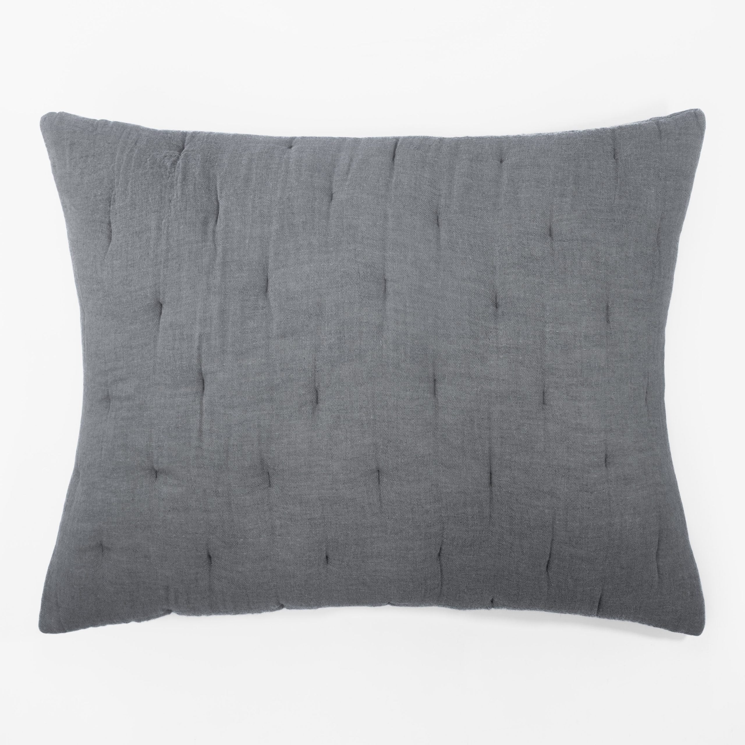 Rectangular dark grey textured pillow on a white background highlighting fabric texture, stitching, and finish.