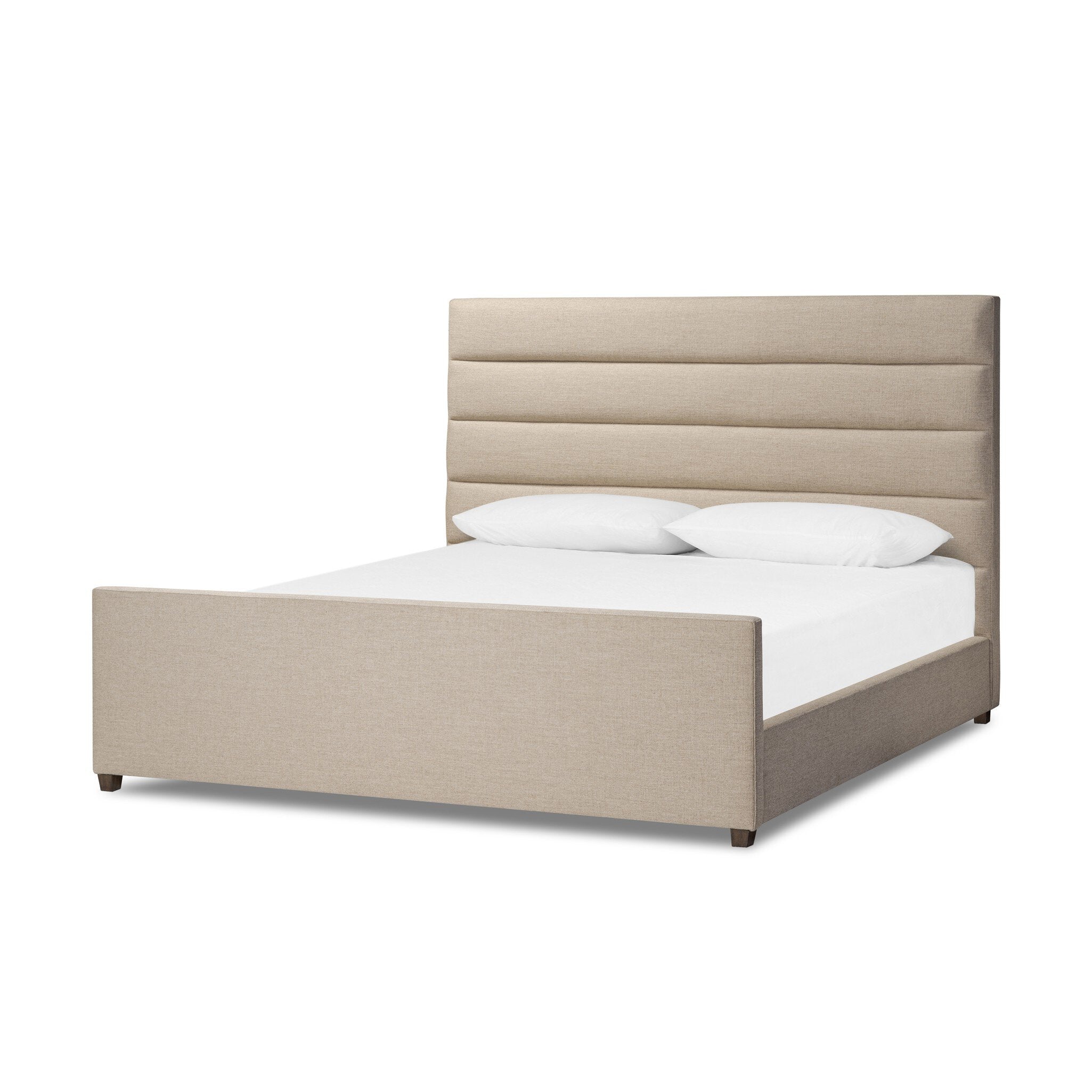 Taupe upholstered bed with horizontal channeling on the headboard and white bedding on a white background.