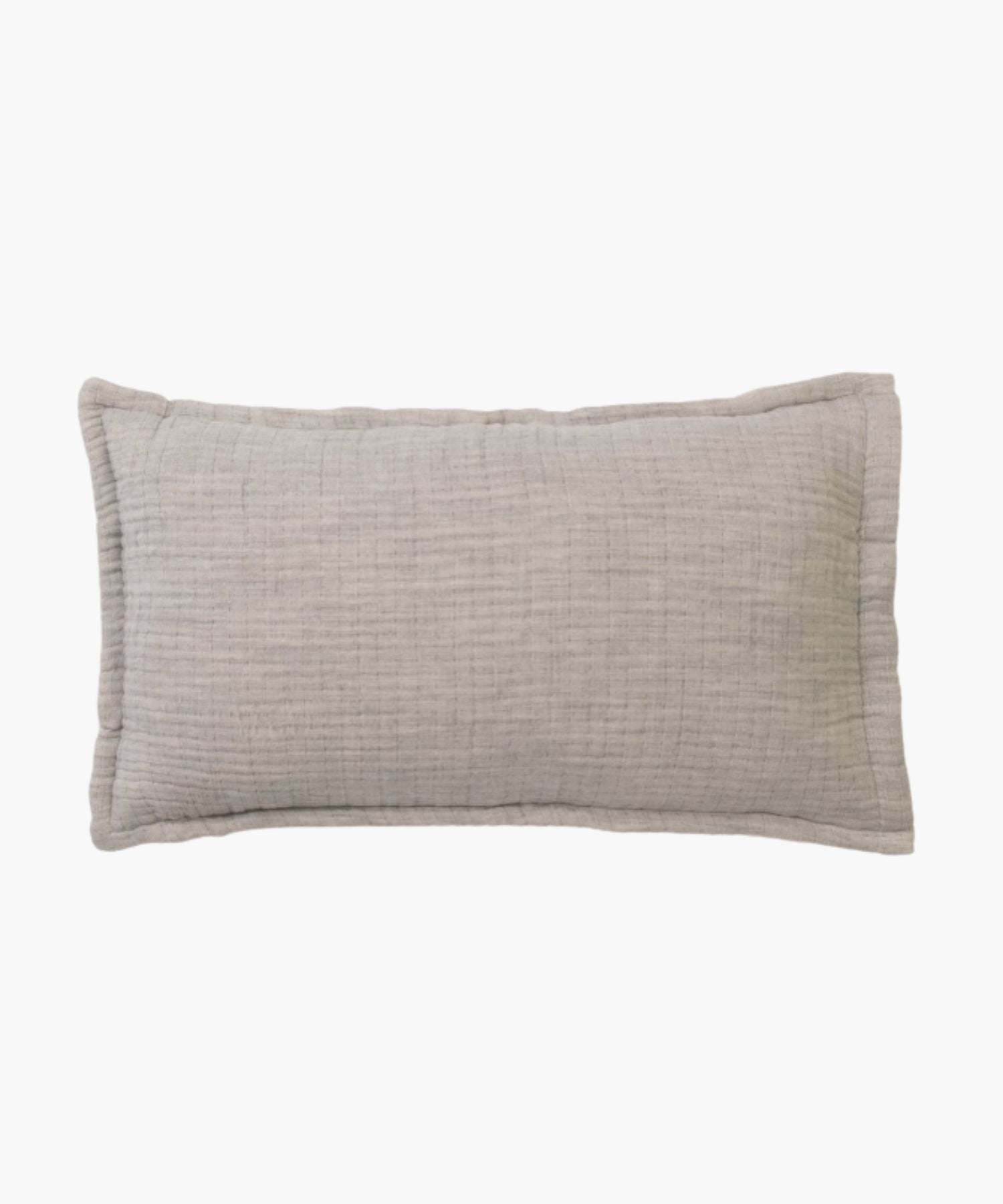 Rectangular gray textured pillow on a white background styled to highlight its weave texture.