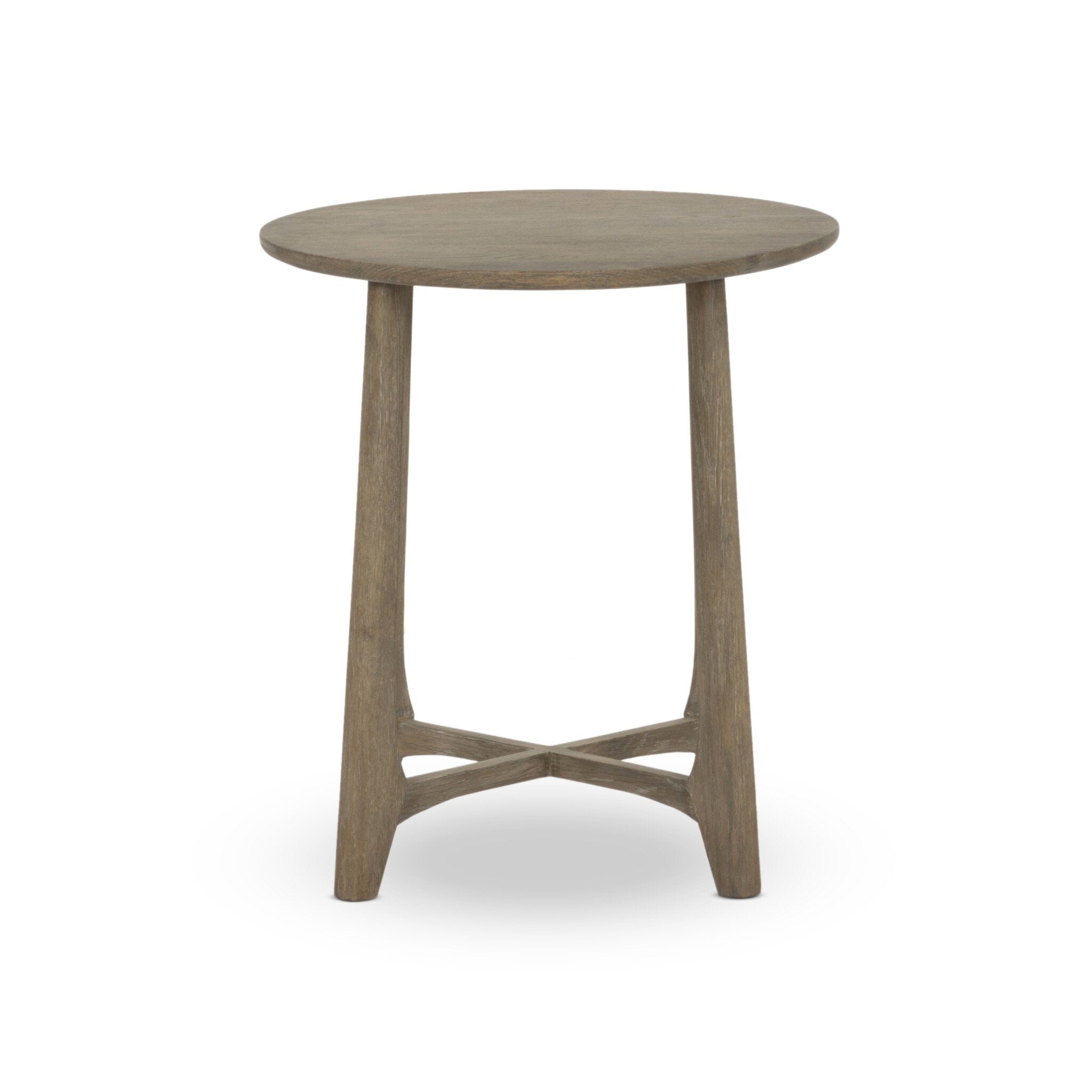 Simple oak round side table on a white background. | Wildwood Home Co.
