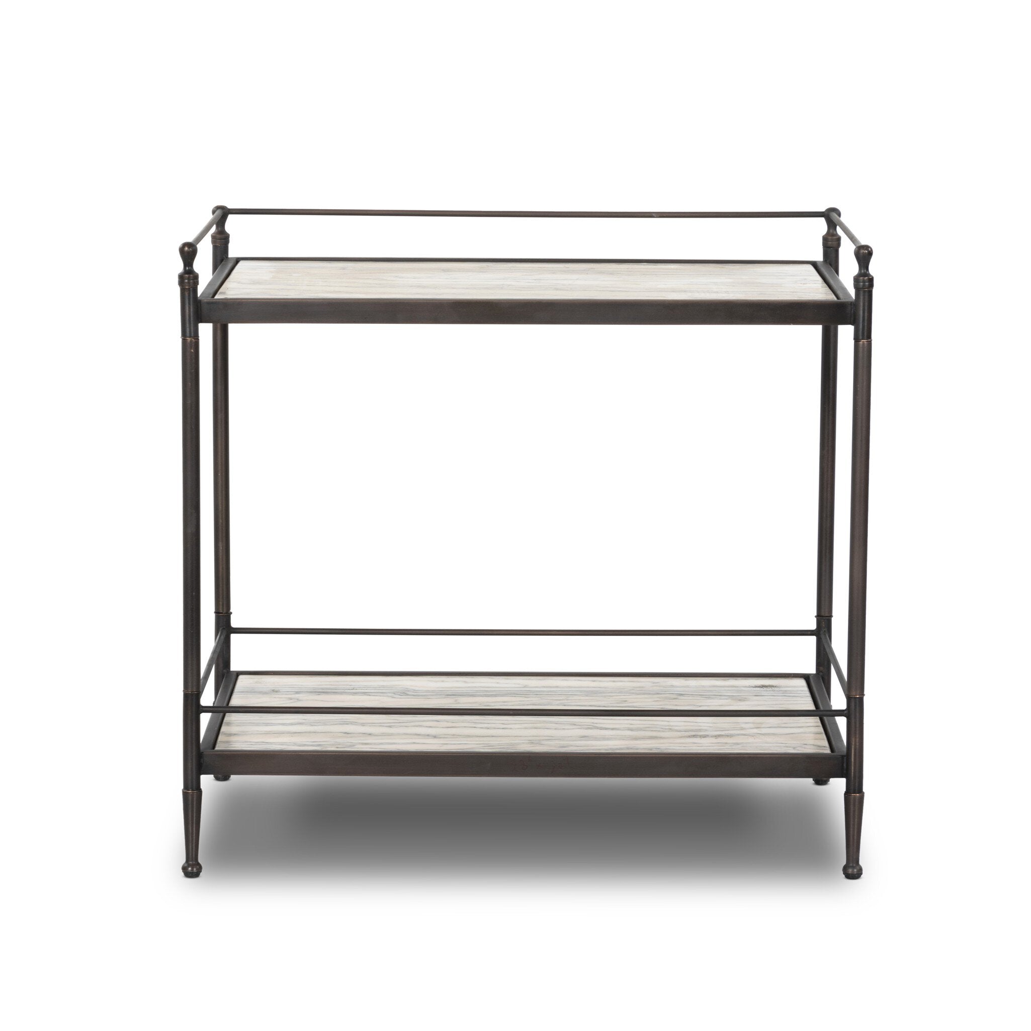 Two-tier metal nightstand with marble shelves. | Wildwood Home Co.