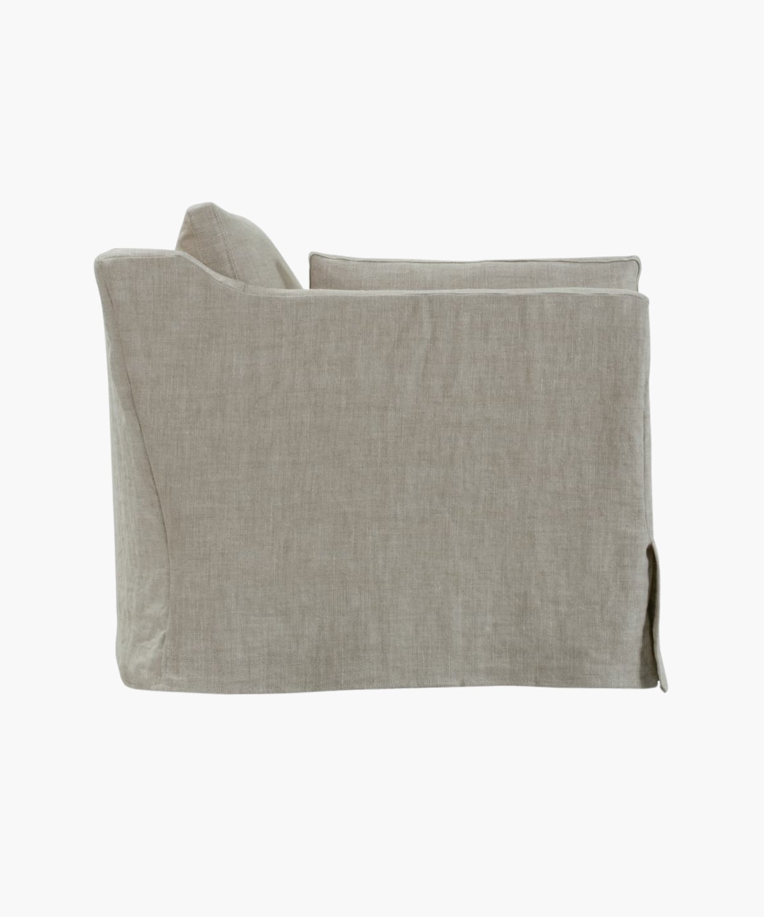 Side profile of a beige sofa on a white background.