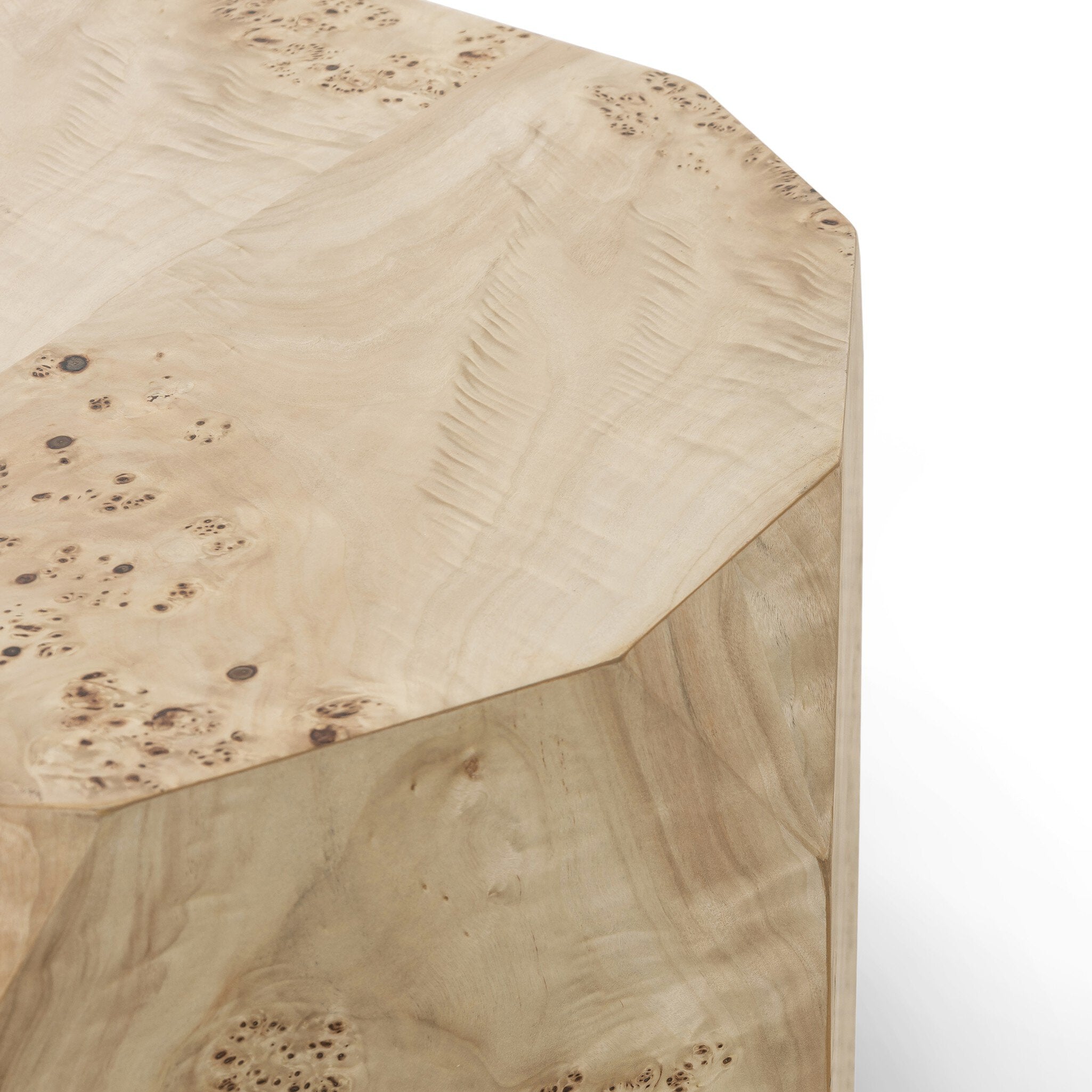 Wooden end table with a natural, textured finish on a white background.