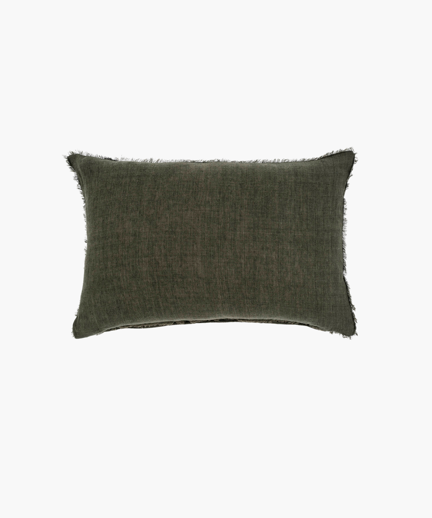 A dark olive green rectangular lumbar pillow with a textured fabric and subtle fringe along the edges, creating a cozy and elegant feel. It exudes a sense of warmth. | Wildwood Home Co.
