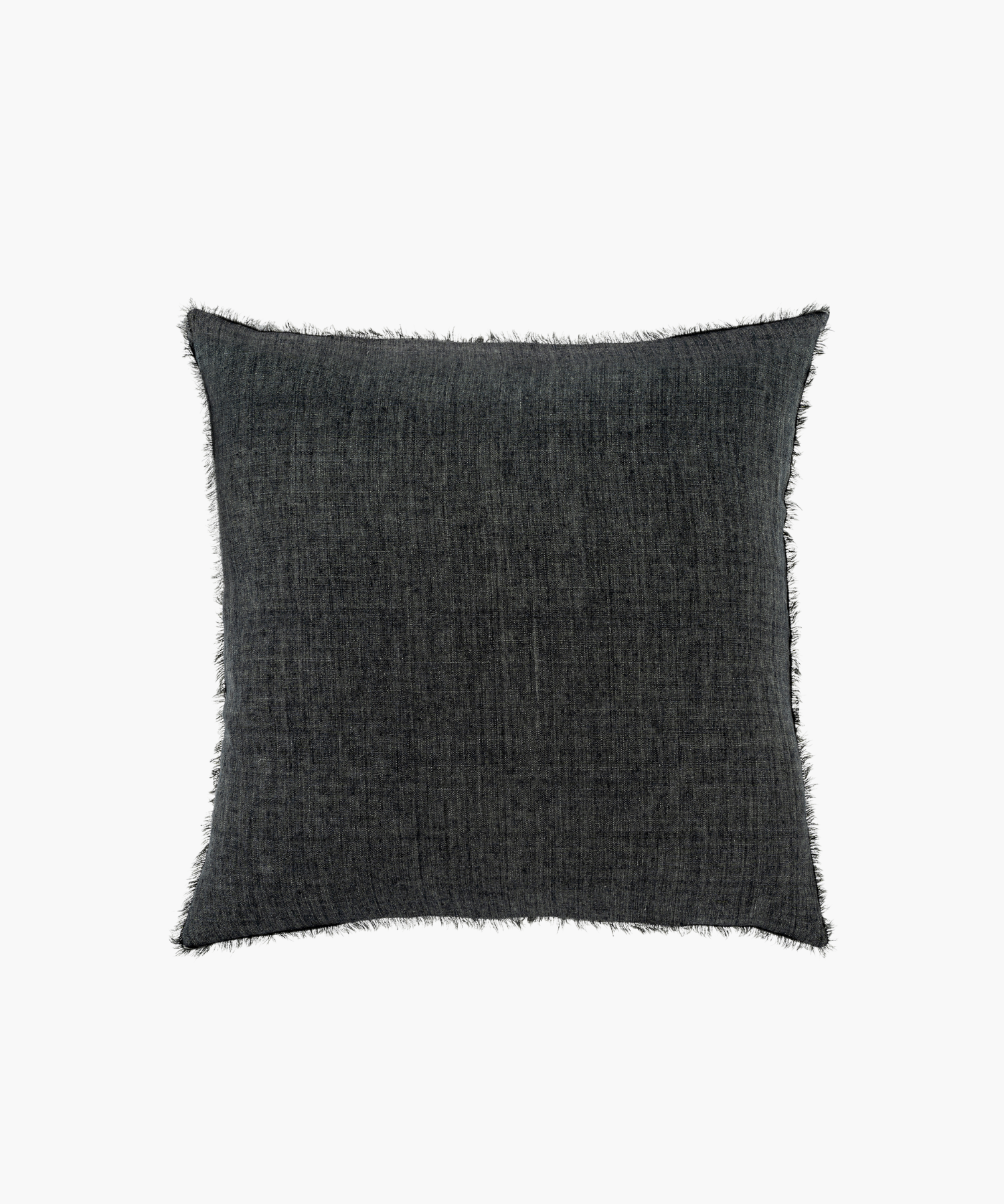 A charcoal gray square pillow with a soft texture and frayed edges. The pillow has a subtle woven pattern, creating a cozy and modern aesthetic. | Wildwood Home Co.
