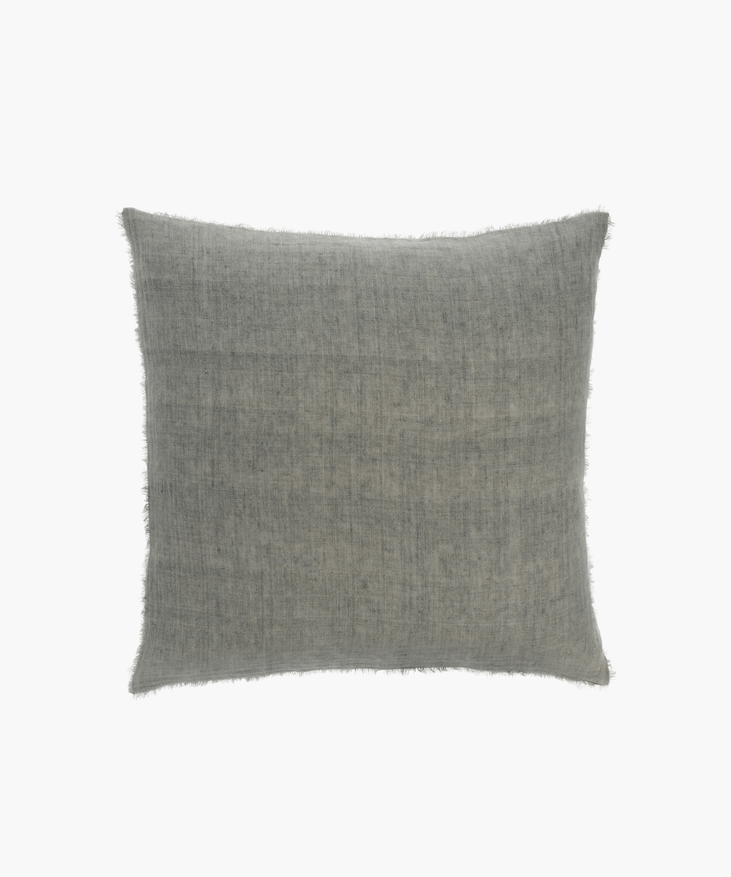 A square, light gray pillow with a textured fabric and fringed edges. The design exudes a soft, cozy, and understated elegance. | Wildwood Home Co.
