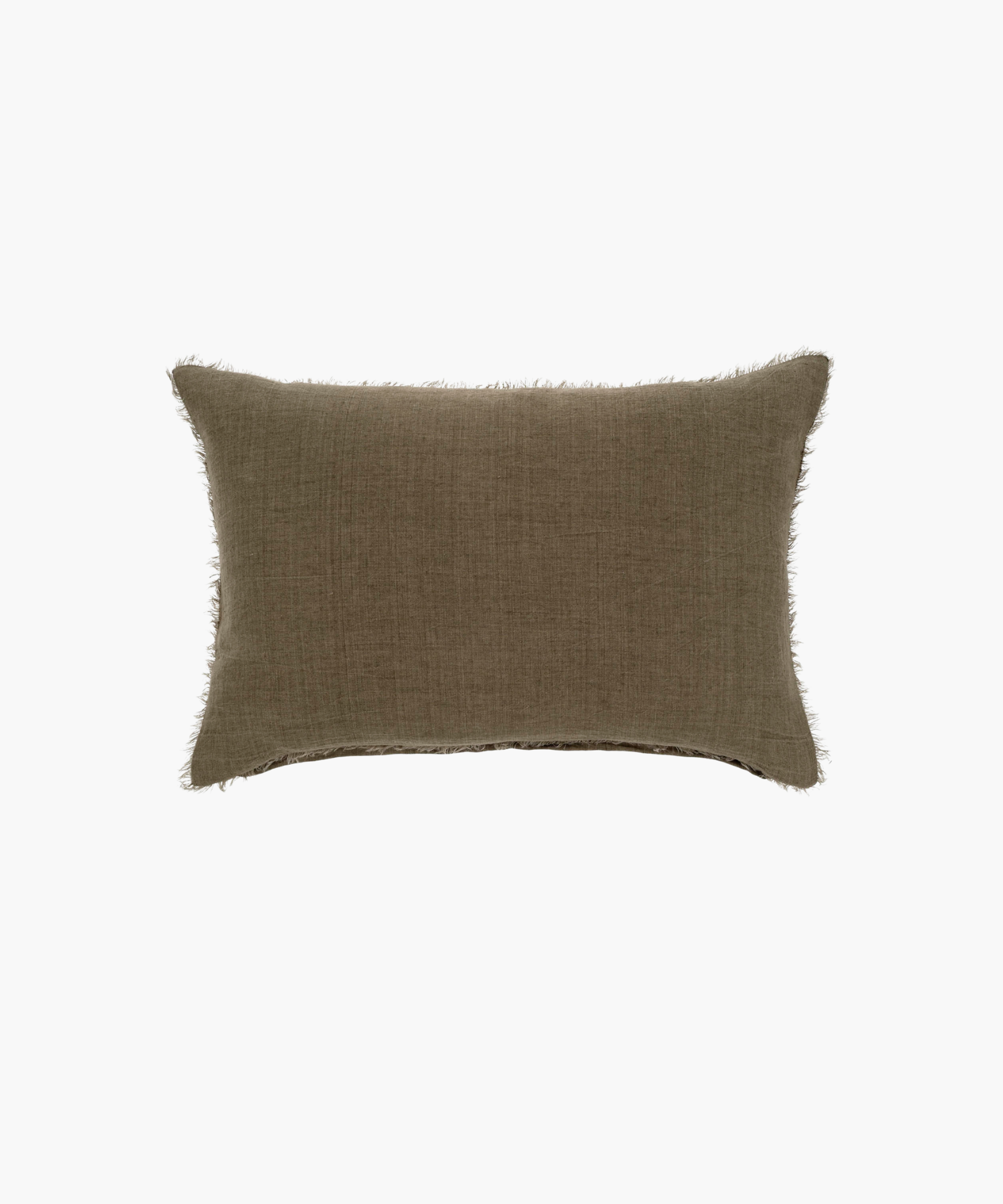 A rectangular lumbar, beige pillow with a textured fabric and frayed edges, conveying a rustic, cozy feel. Set against a plain white background. | Wildwood Home Co.
