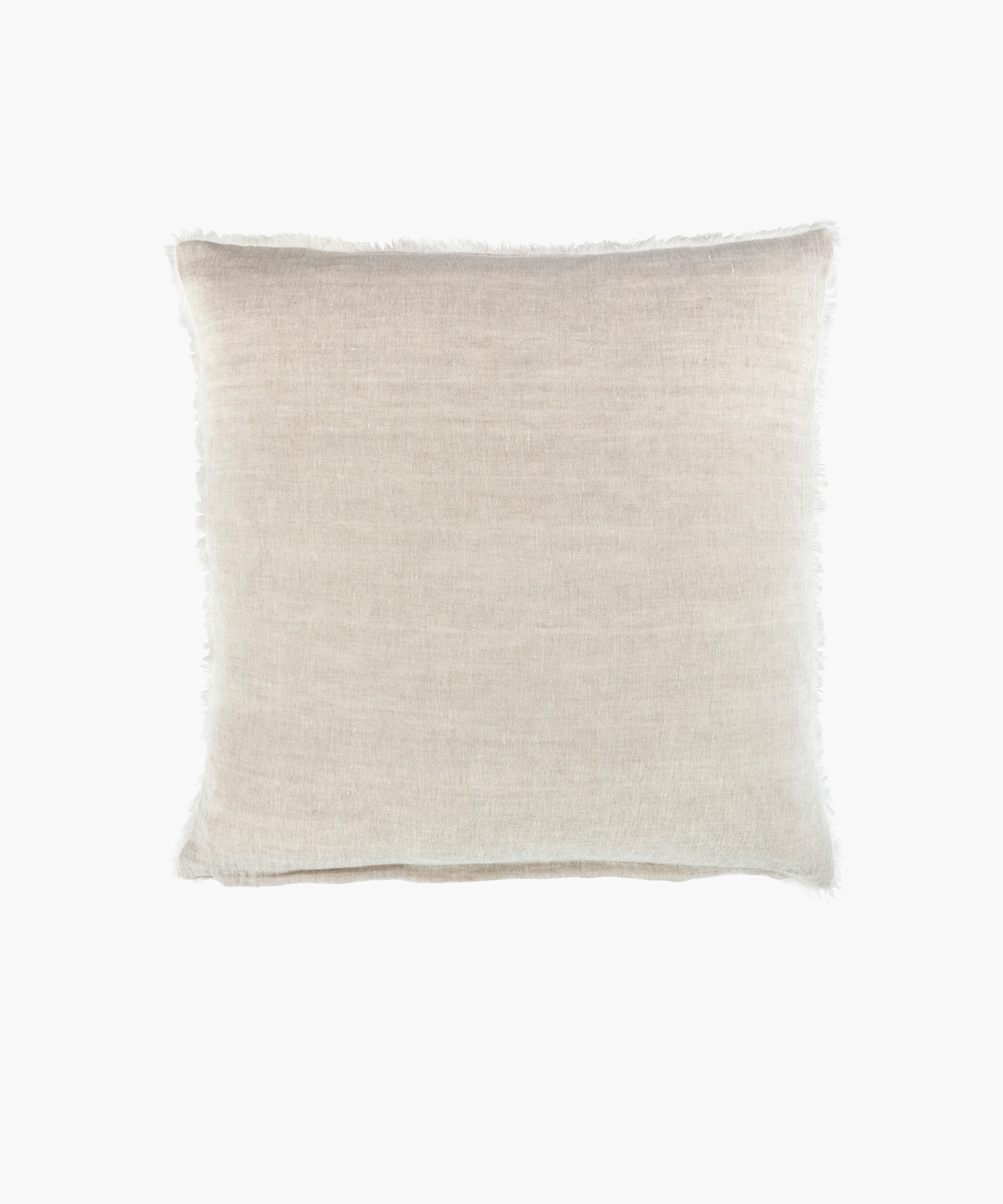 A natural linen square pillow with a smooth texture and slightly frayed edges. The neutral tone conveys simplicity and elegance, suitable for minimalistic decor. | Wildwood Home Co.
