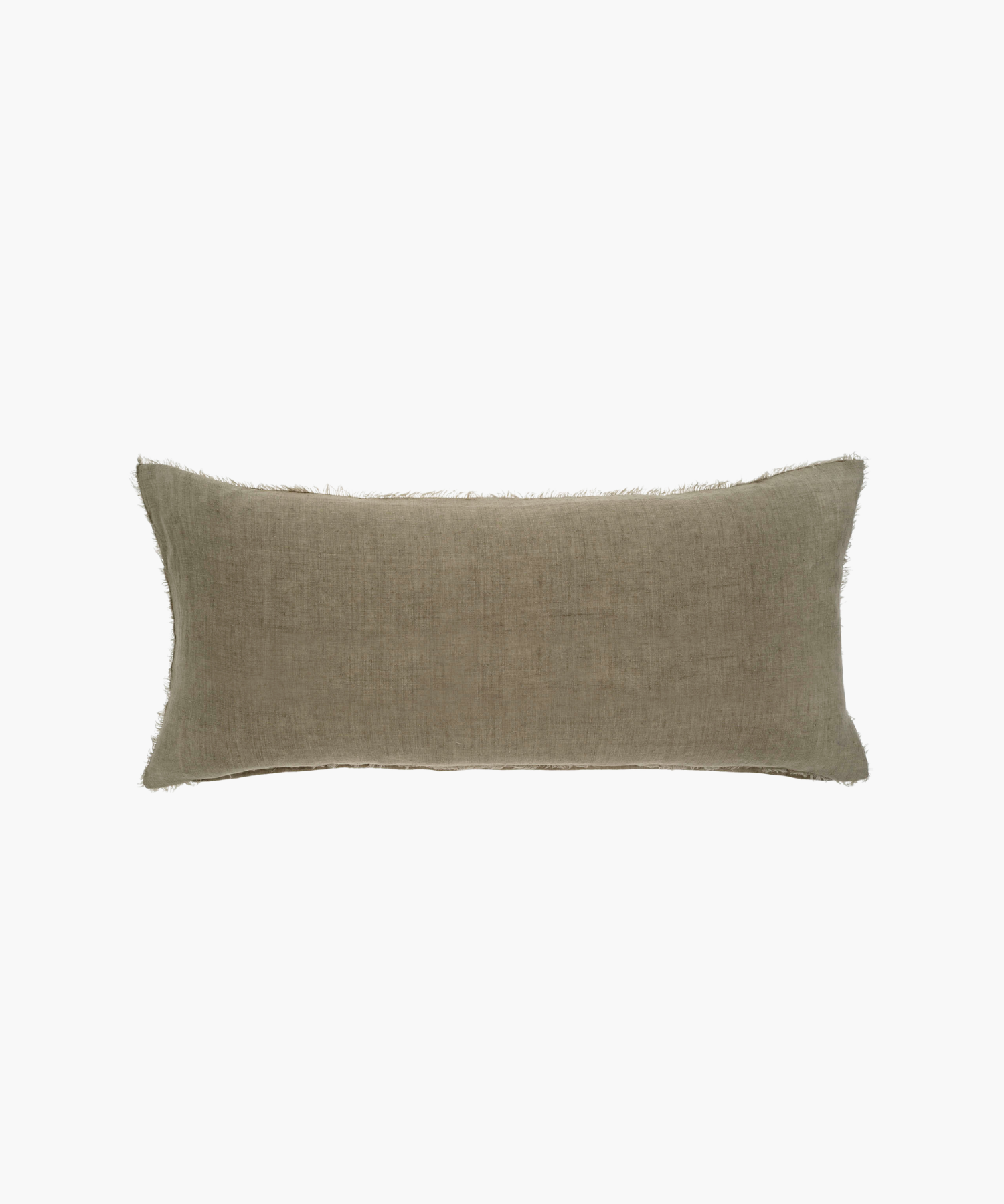 A rectangular lumbar, beige pillow with a subtle textured fabric and frayed edges. The pillow has a minimalist, cozy appearance, suitable for neutral decor. | Wildwood Home Co.
