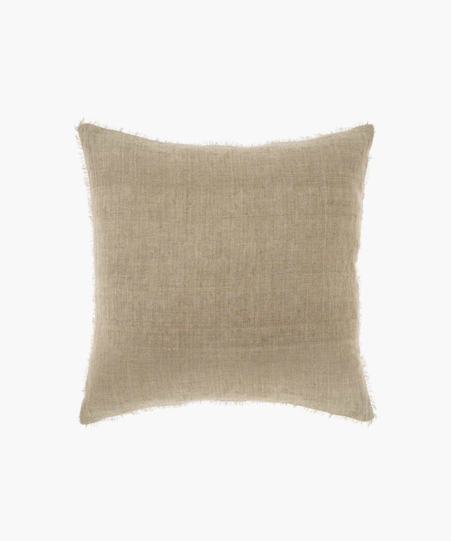 A square, beige pillow with a subtle textured fabric and frayed edges. The pillow has a minimalist, cozy appearance, suitable for neutral decor. | Wildwood Home Co.
