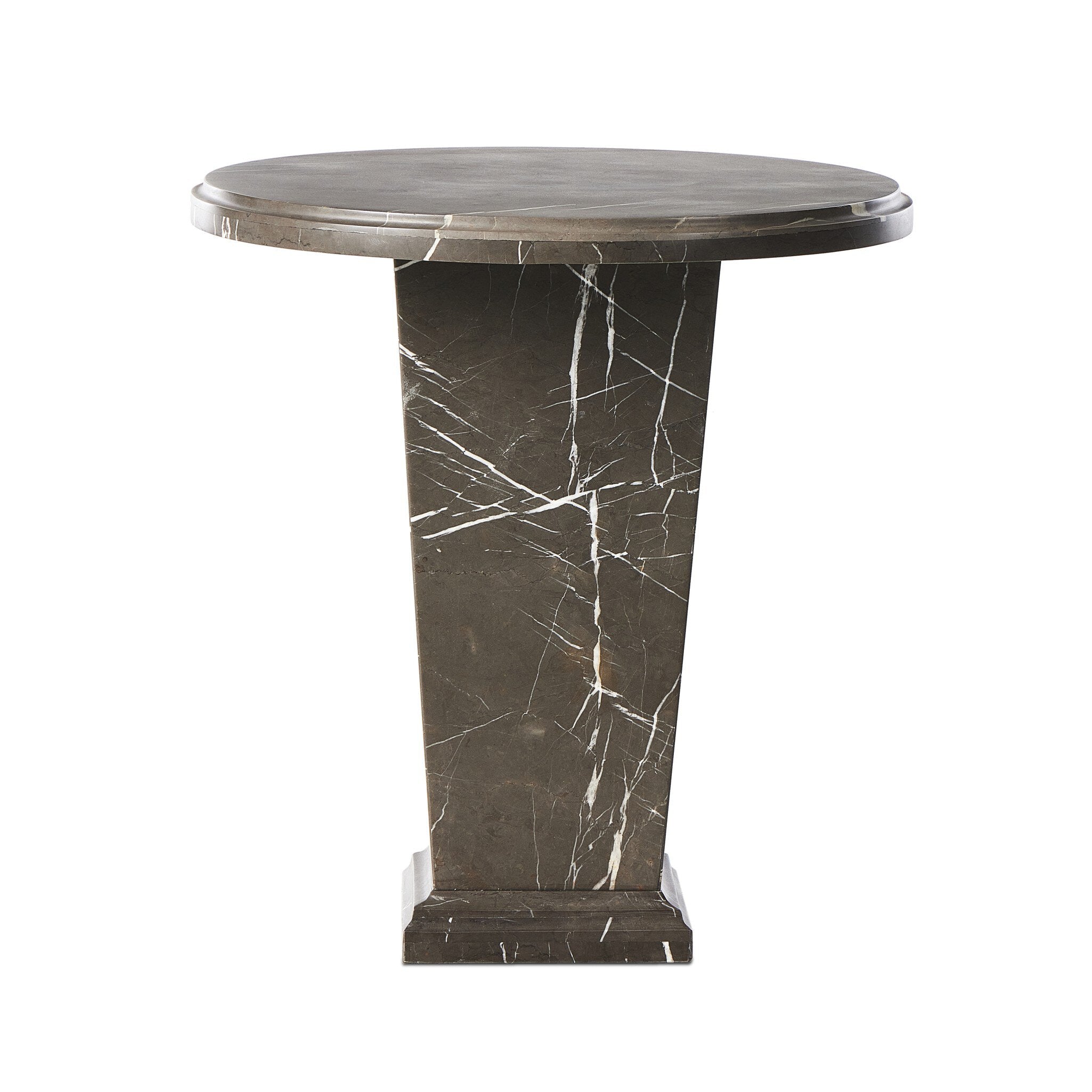 Roman column inspired end table with tapered base and round top made in grey Italian marble. | Wildwood Home Co.