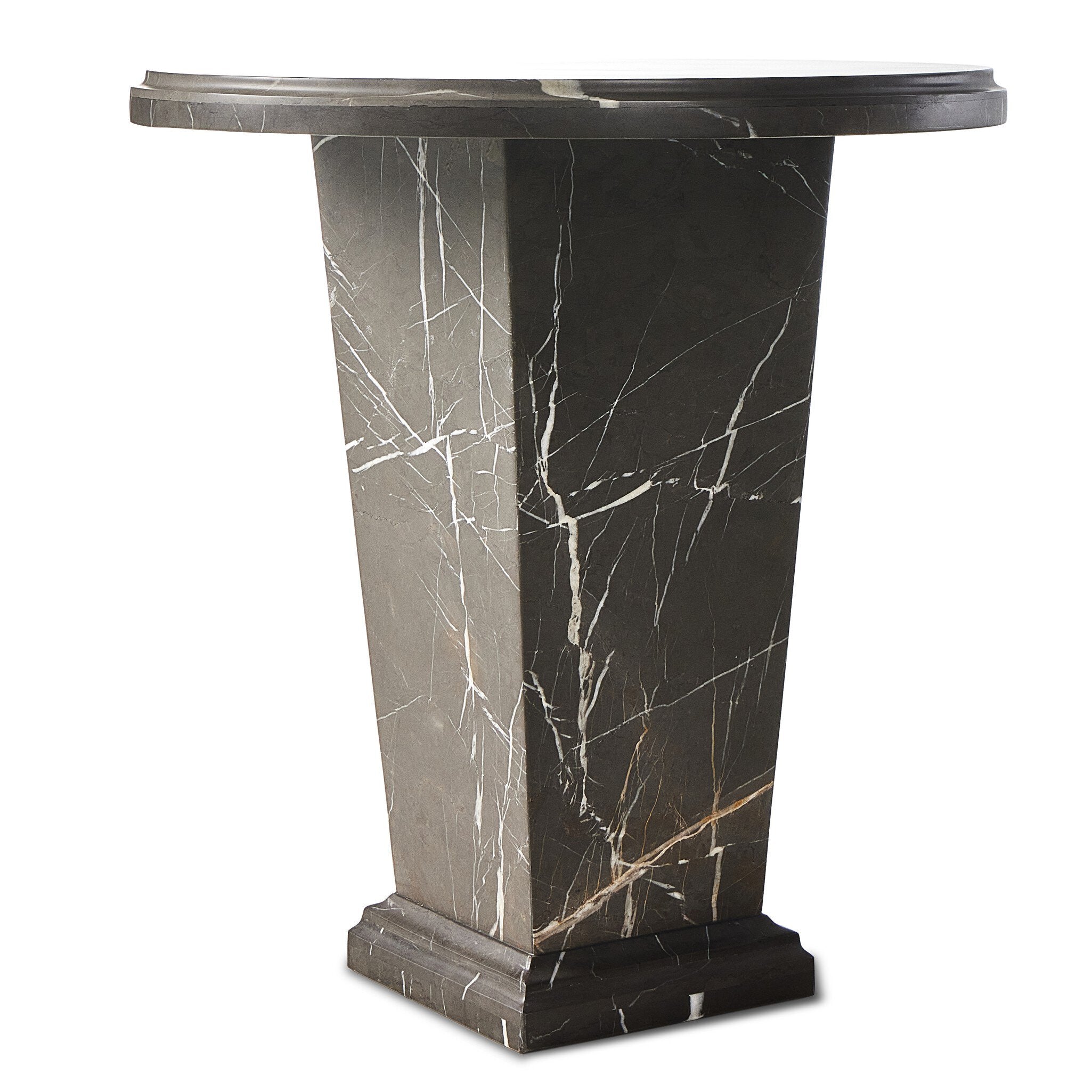 Roman column inspired end table with tapered base and round top made in grey Italian marble.