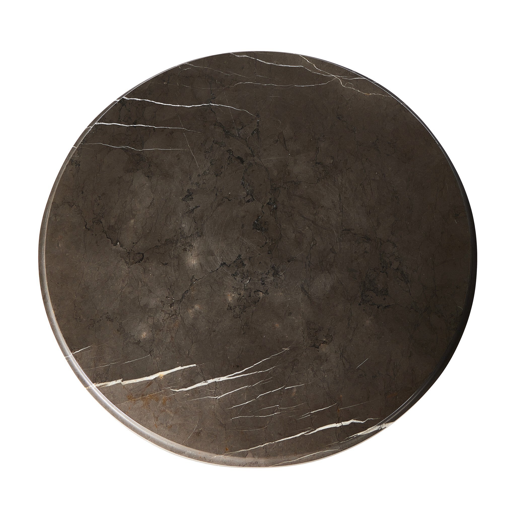 Overhead view of a Roman column inspired end table with tapered base and round top made in grey Italian marble.