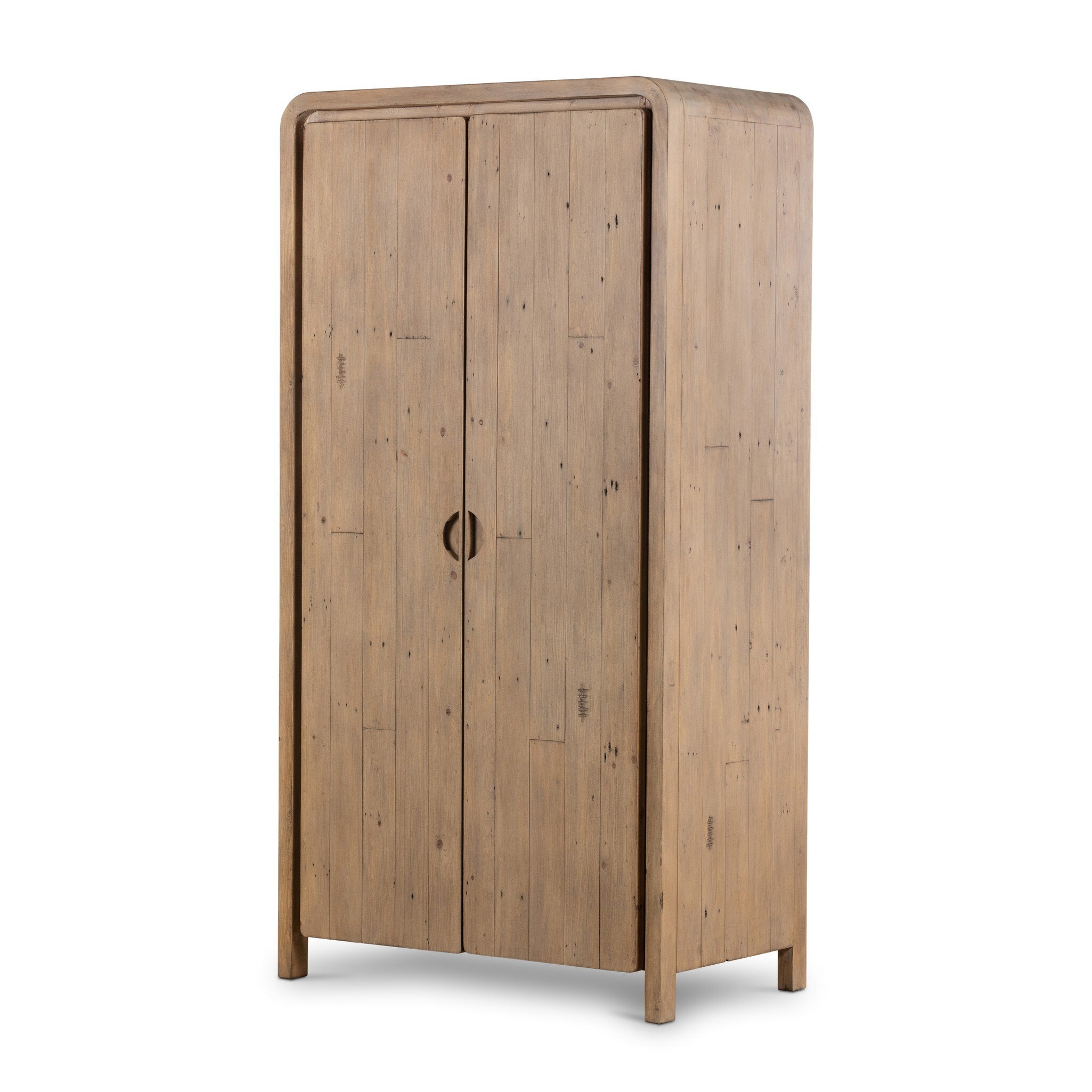 Wooden cabinet with two doors and rounded corners on a white background.