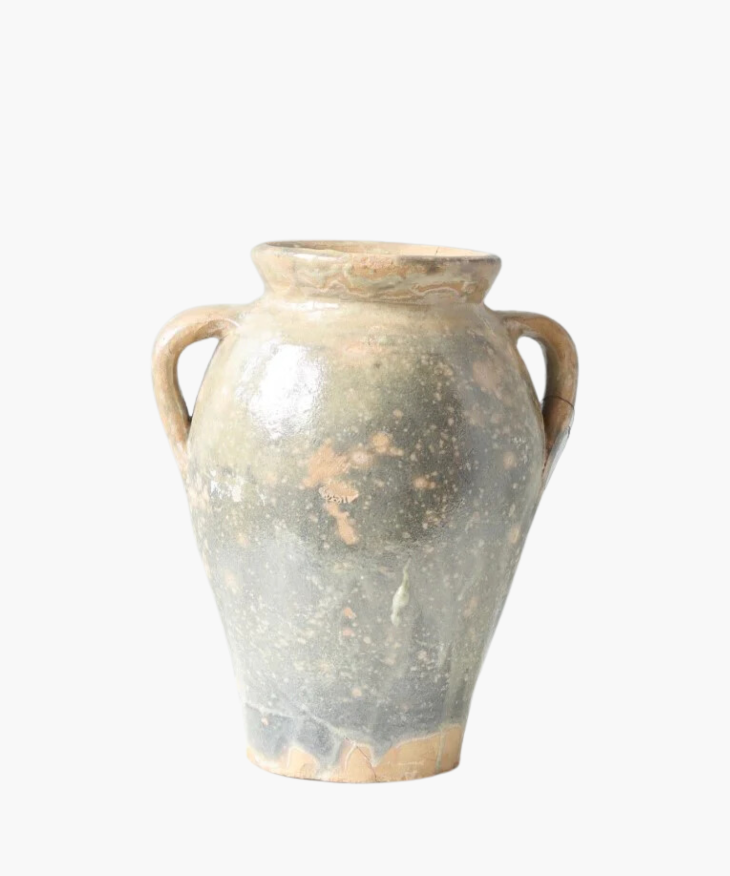 A weathered, ancient clay vase with a speckled blue tone surface and two curved handles, conveying a rustic, historical charm. | Wildwood Home Co.