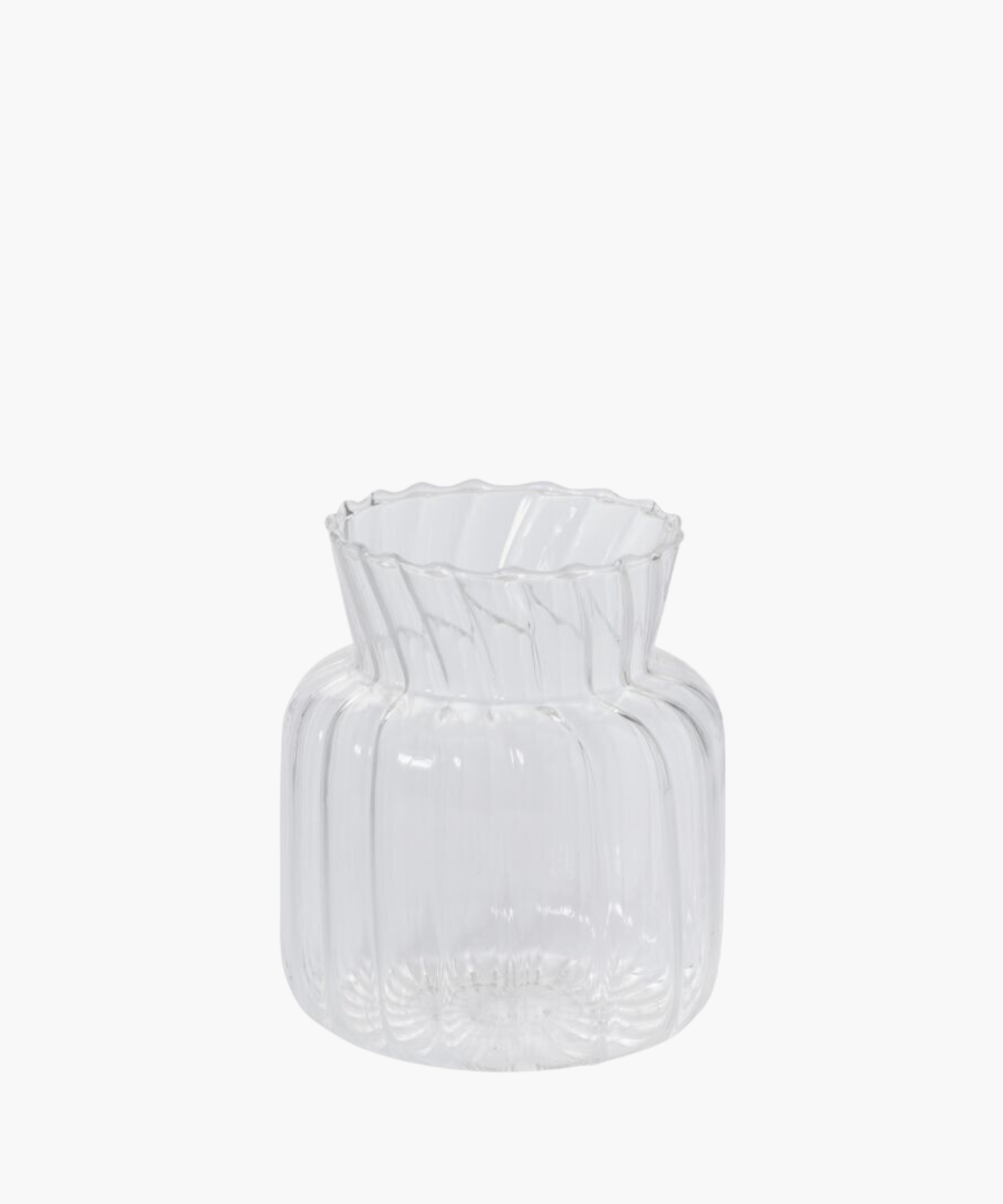 A transparent, fluted glass vase with a scalloped rim, short neck, and bulbous base. The design is elegant, minimalistic, and contemporary. | Wildwood Home Co.
