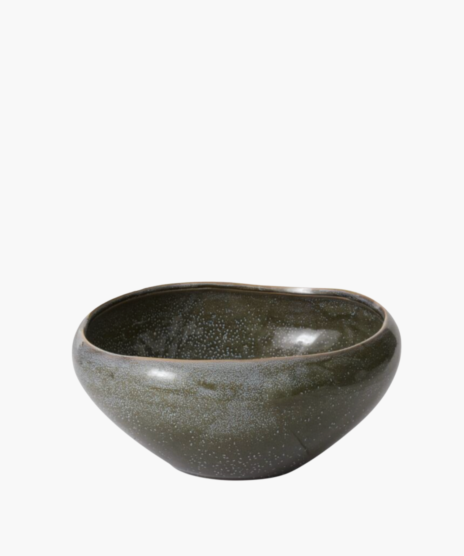 A dark green ceramic bowl with a glossy finish, featuring a subtle speckled pattern. The bowl's asymmetrical shape adds an artistic touch. | Wildwood Home Co. 