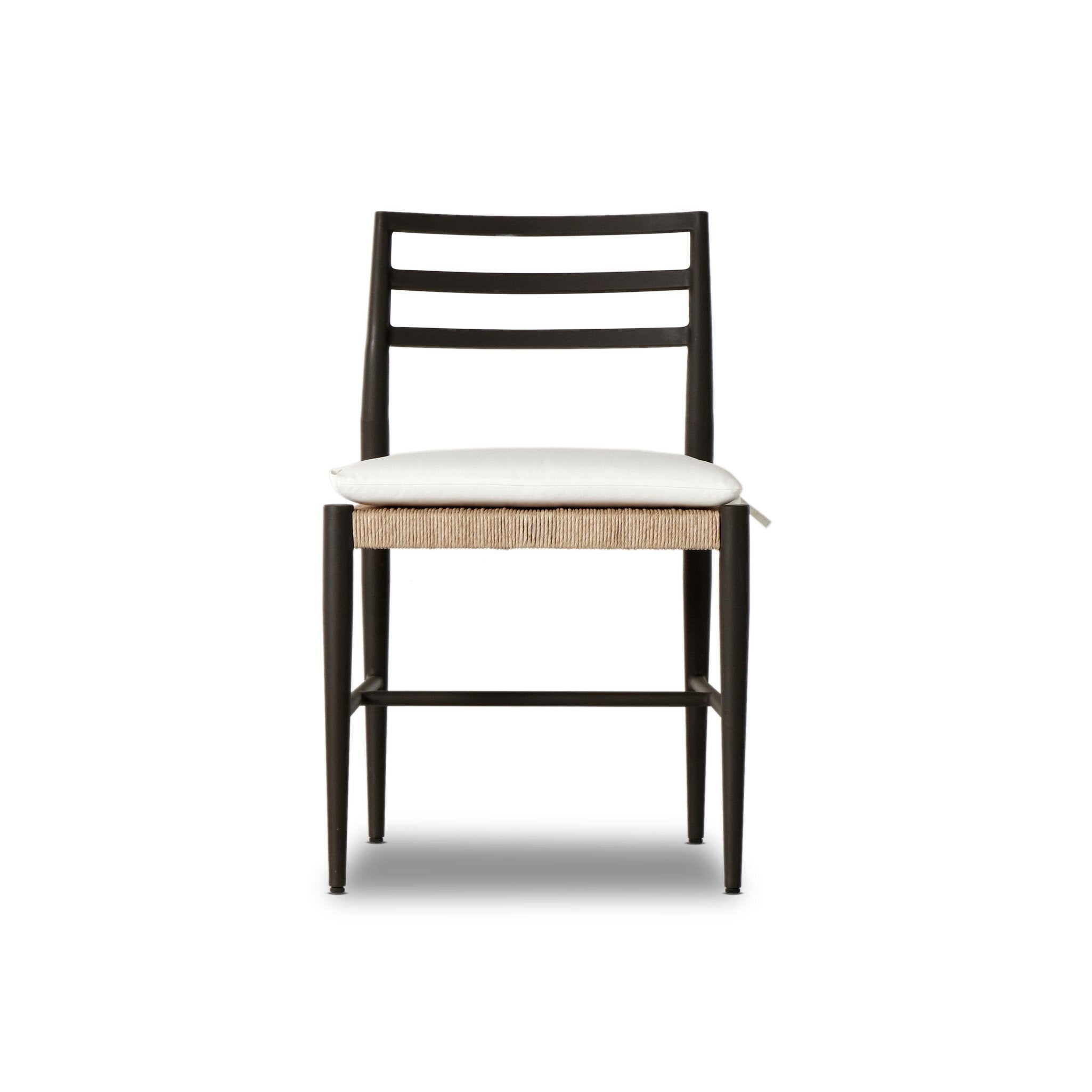 Classic ladderback outdoor dining chair with a woven seat and removable cushion. | Wildwood Home Co.