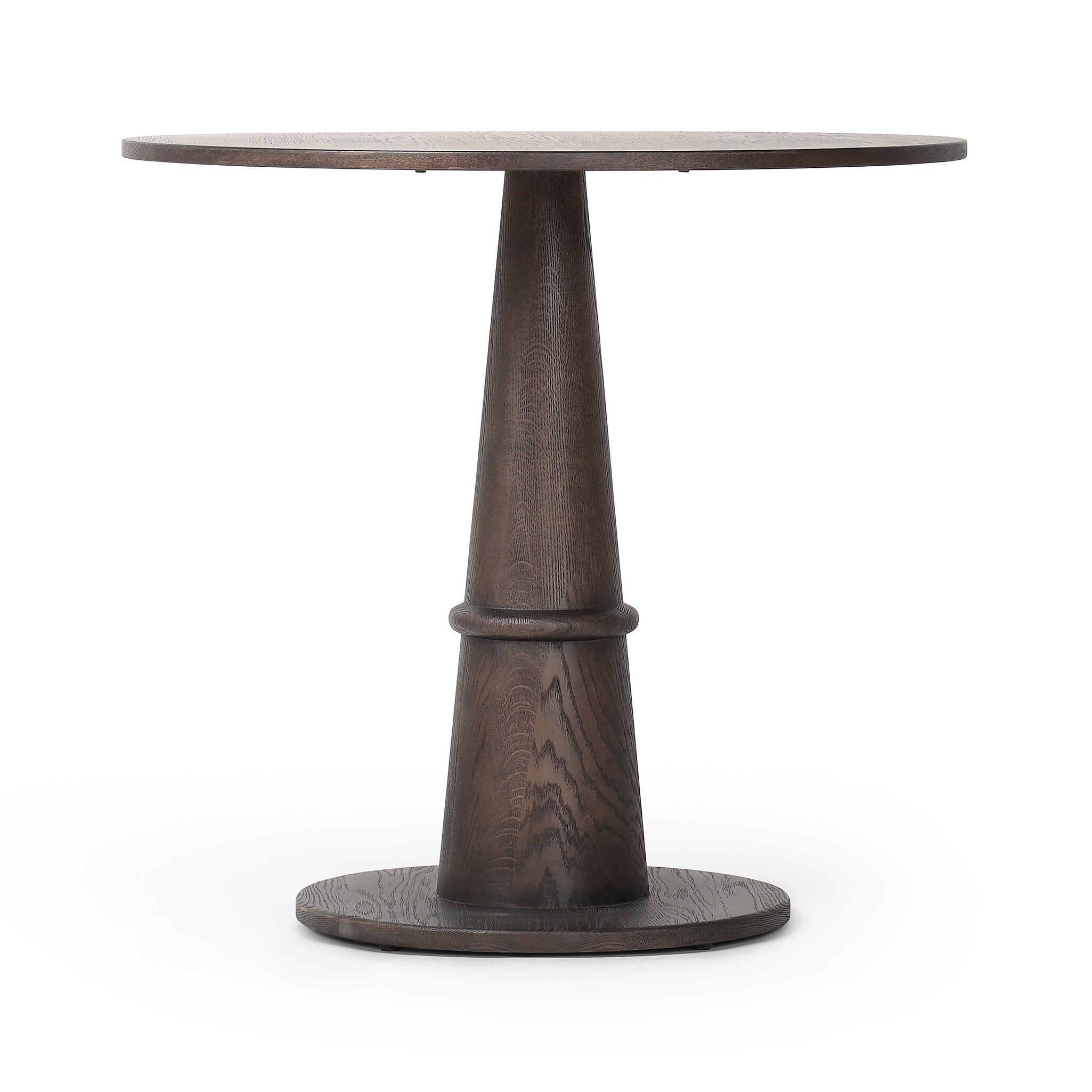 Round wooden bistro table with a dark brown base on a white background. | Wildwood Home Co.