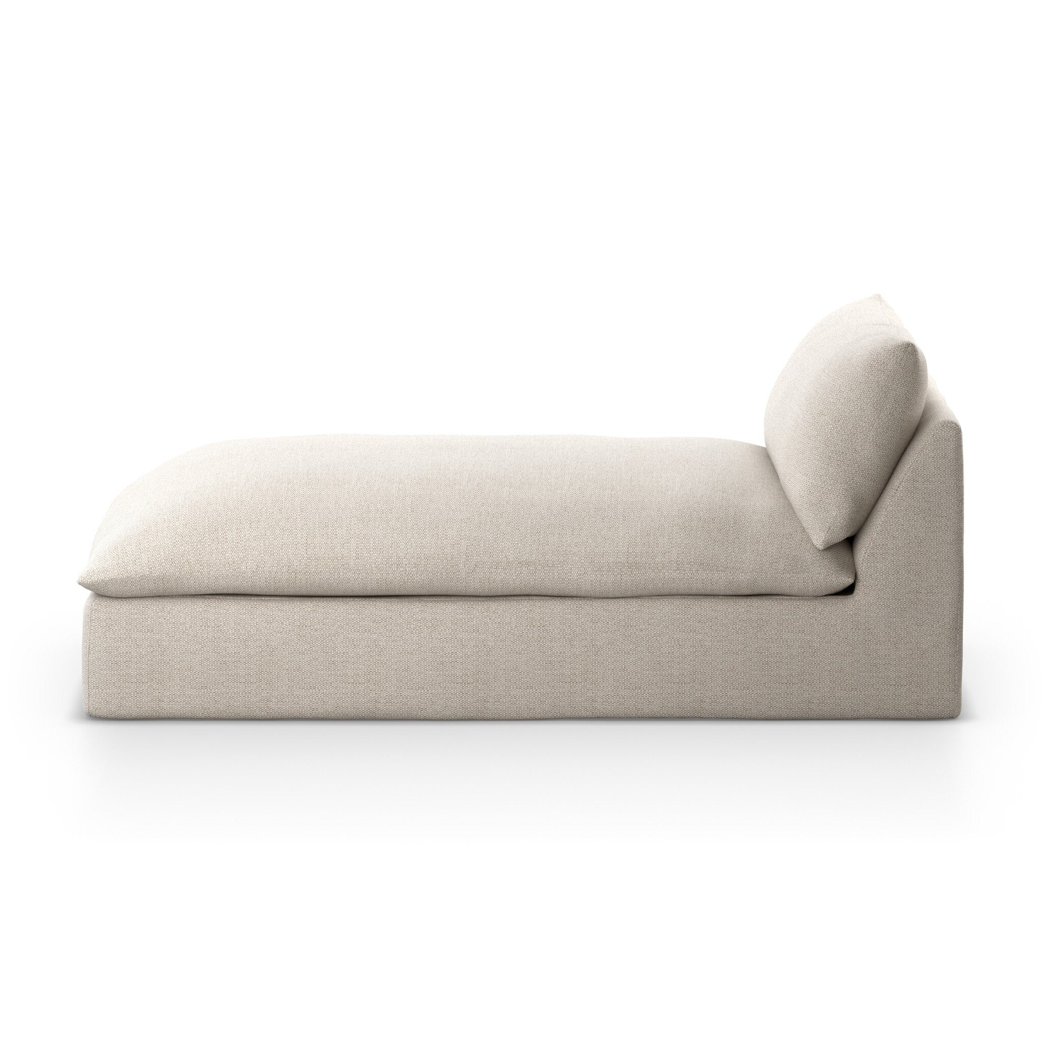 Side profile of a chaise section of a beige slipcover outdoor sofa on a white background.