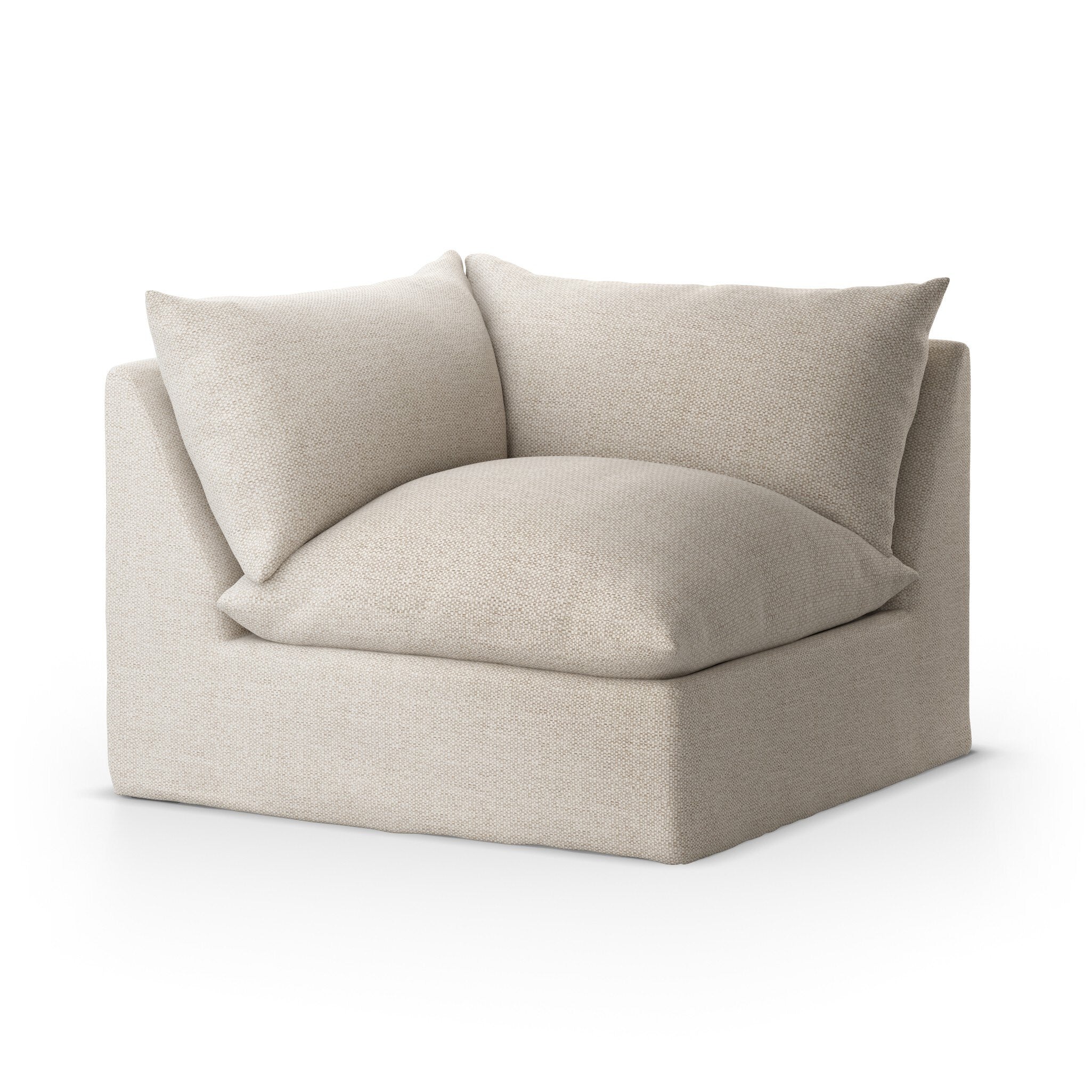 The corner section of a beige slipcover outdoor sofa on a white background.