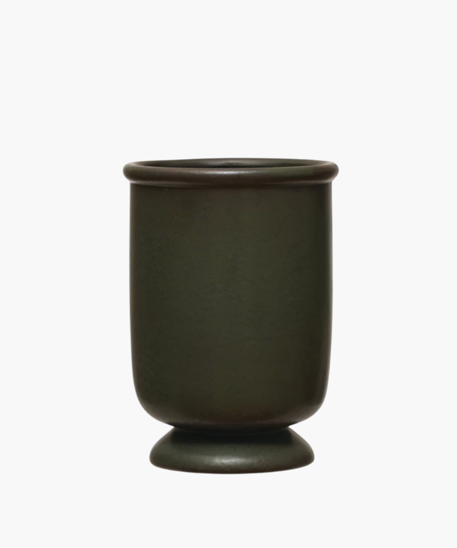 A matte dark green stoneware vase with a smooth cylindrical shape, flared rim, and small round base, evoking a minimalist and modern feel. | Wildwood Home Co.