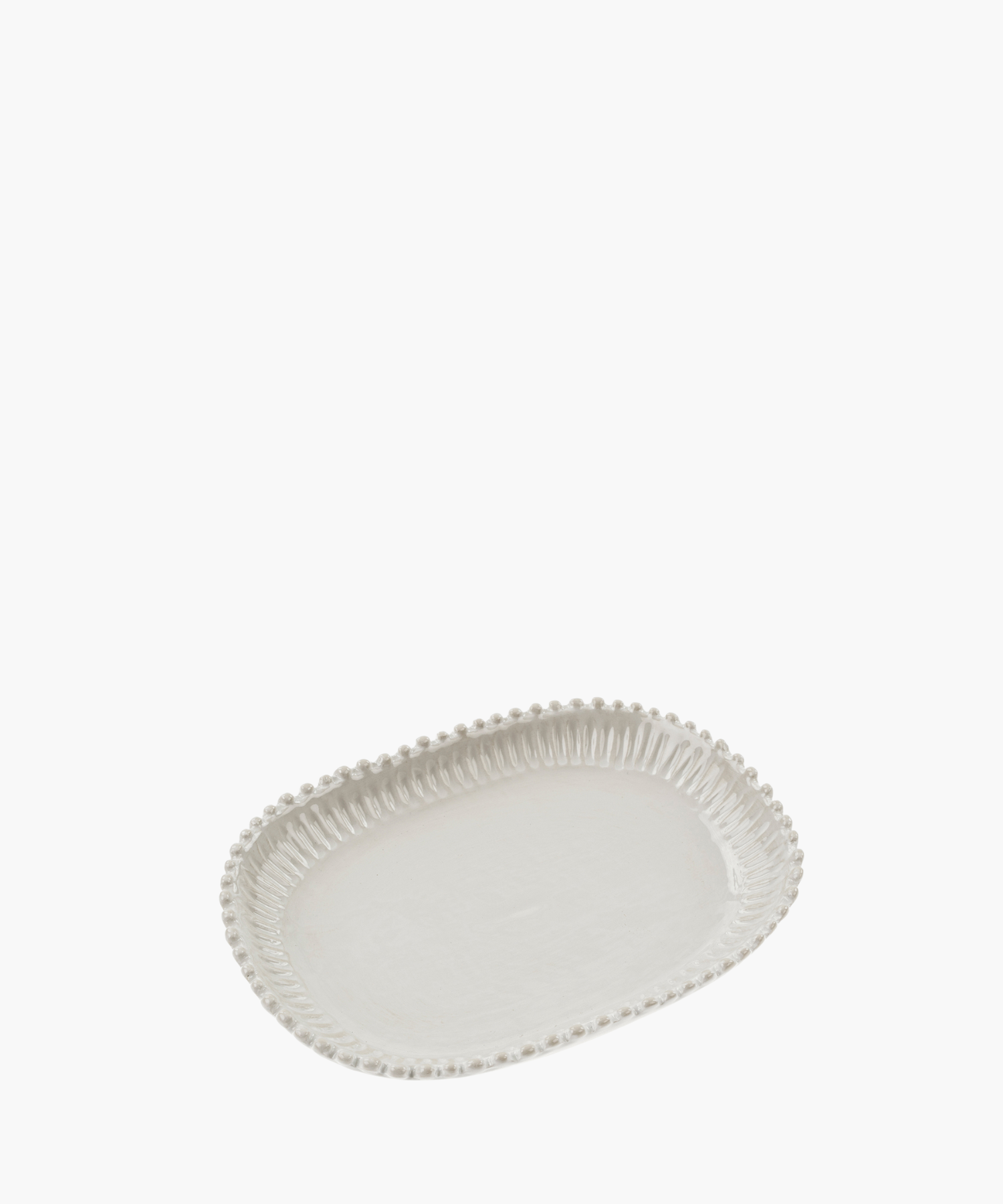 A white rectangular plate with an embossed bead pattern along the edge. The elegant design conveys a classic and sophisticated tone.