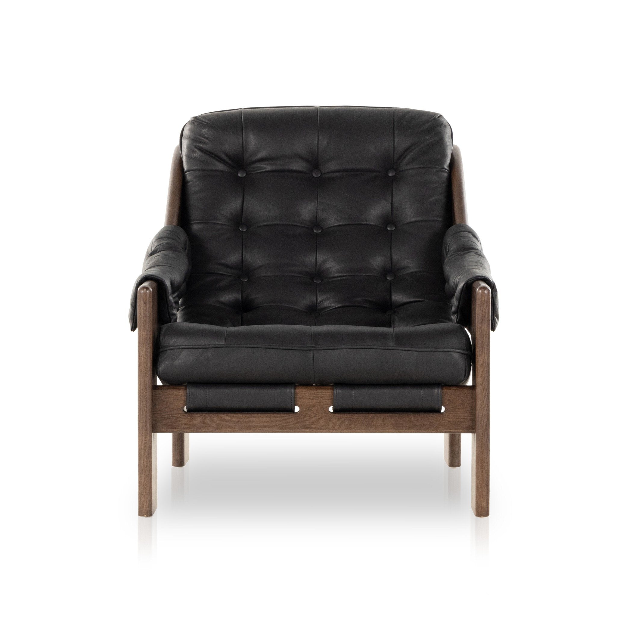 Tufted black leather sling style armchair with wooden frame on a white background. | Wildwood Home Co.