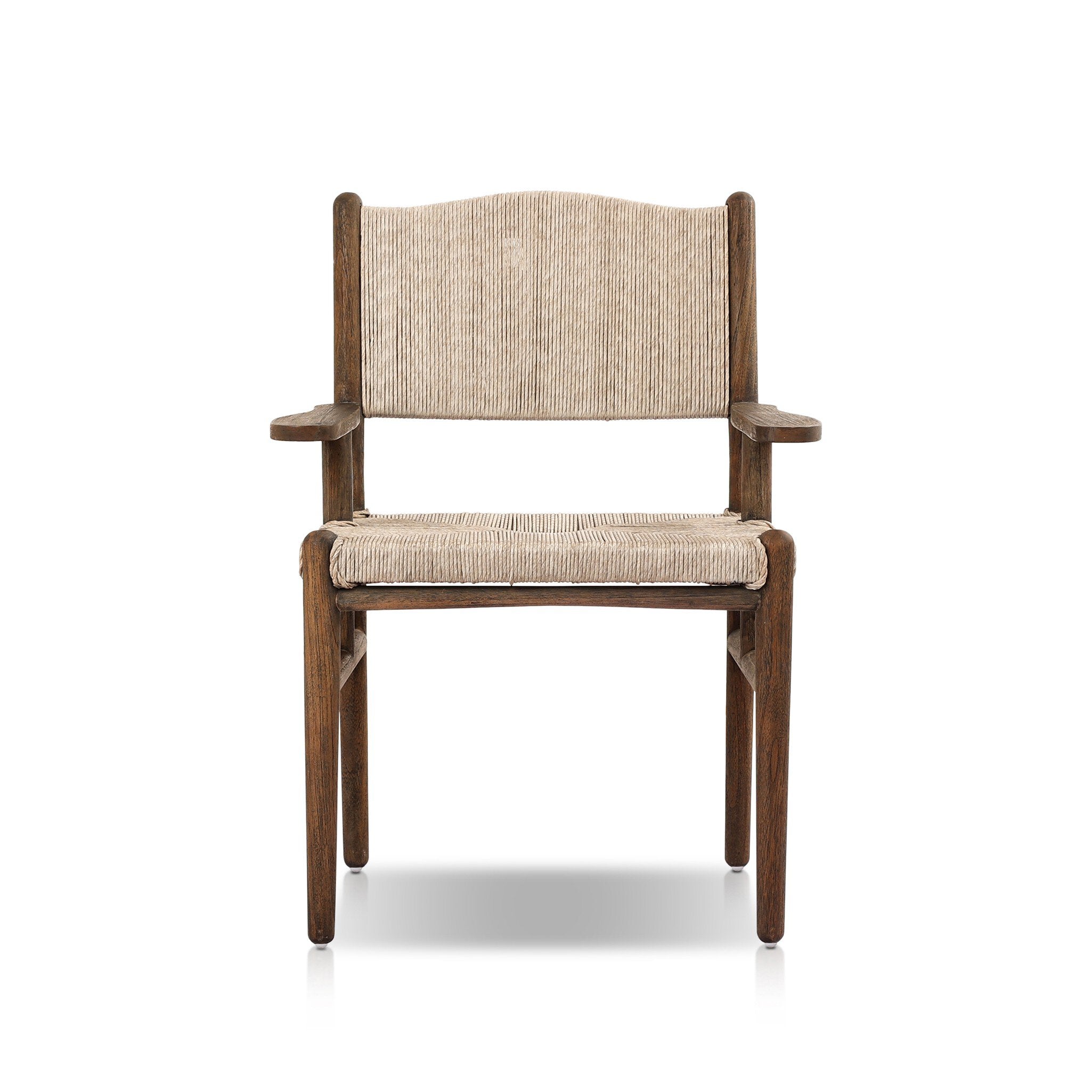 Shaker style outdoor dining armchair with a dark brown wood frame and light brown woven seat and back on a white background. | Wildwood Home Co.