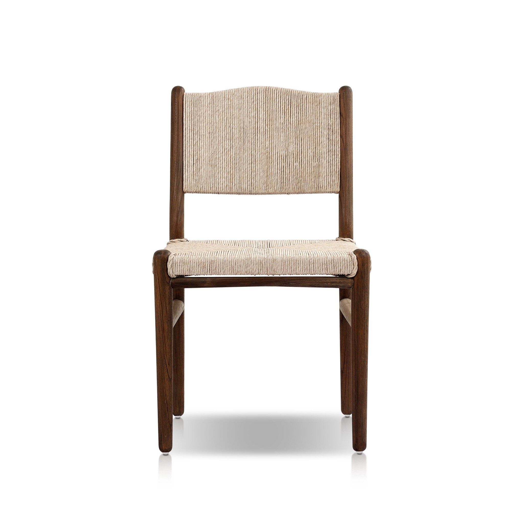 Shaker style outdoor dining chair with a dark brown wood frame and light brown woven seat and back on a white background. | Wildwood Home Co.
