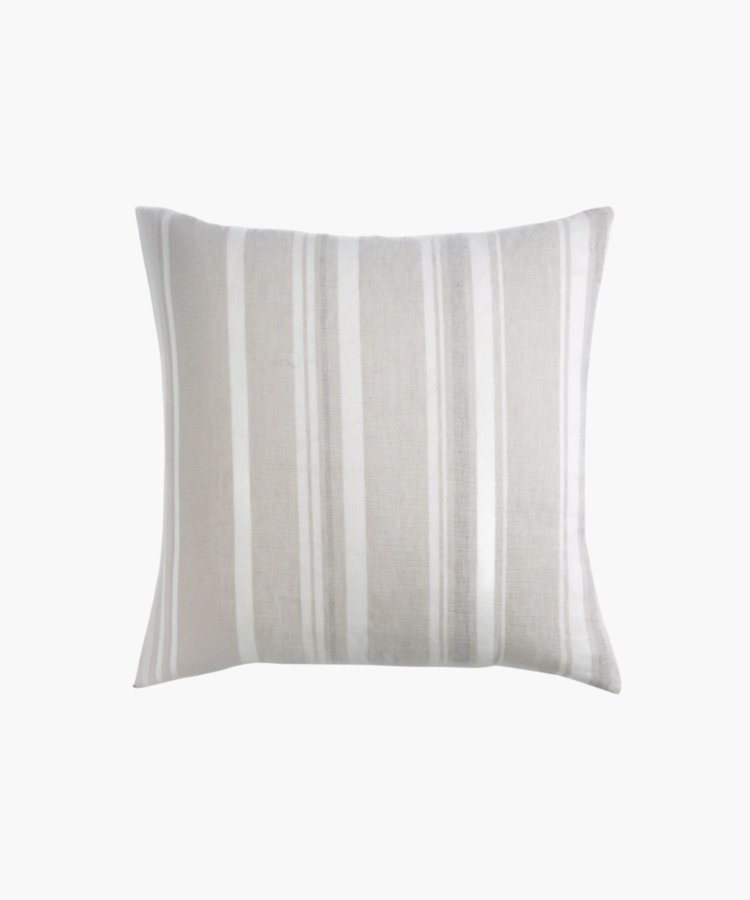 Single square sham with a neutral stripe design in taupe and white, shown against a white background to emphasize its tailored shape and woven finish.