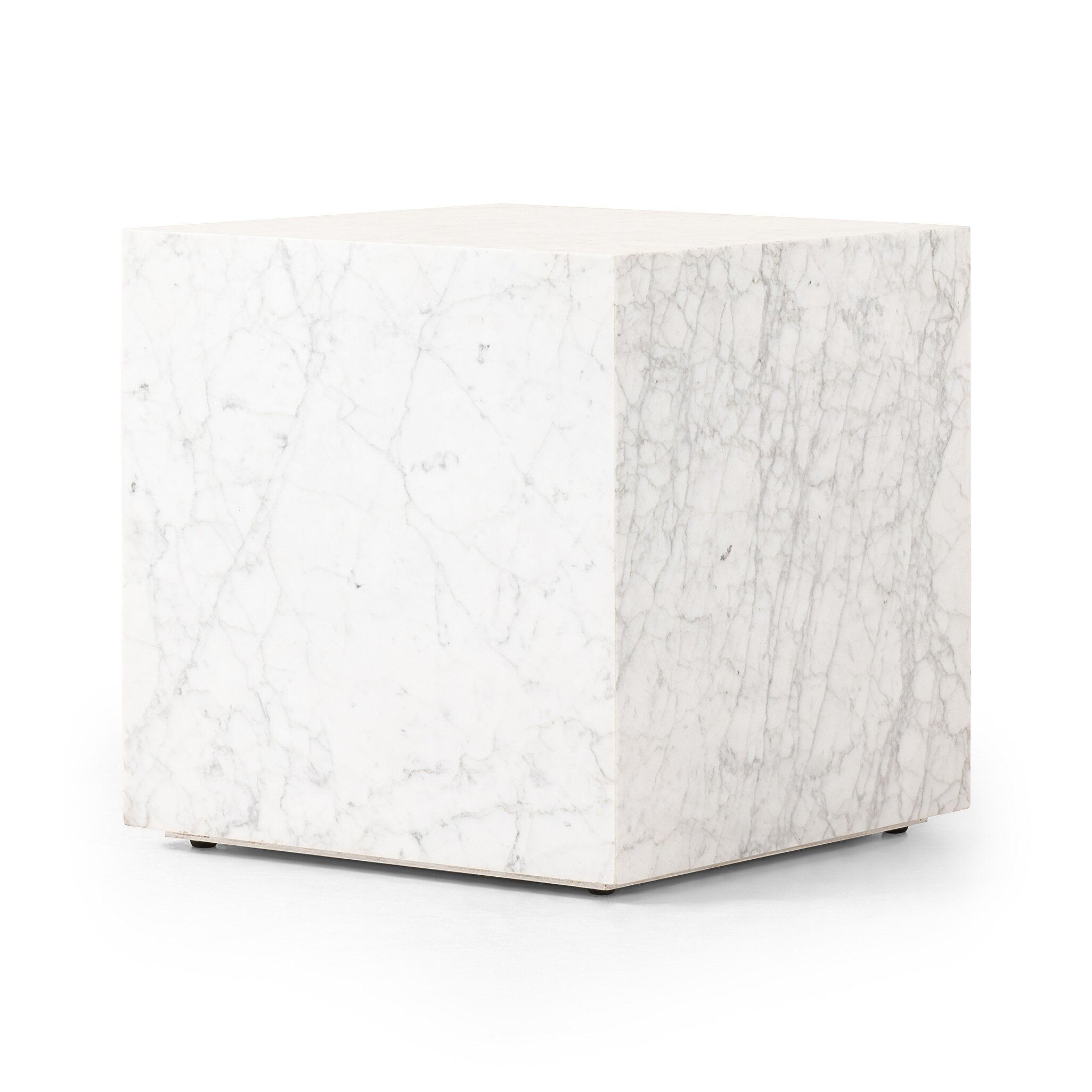 Carrara marble square end table on a white background.