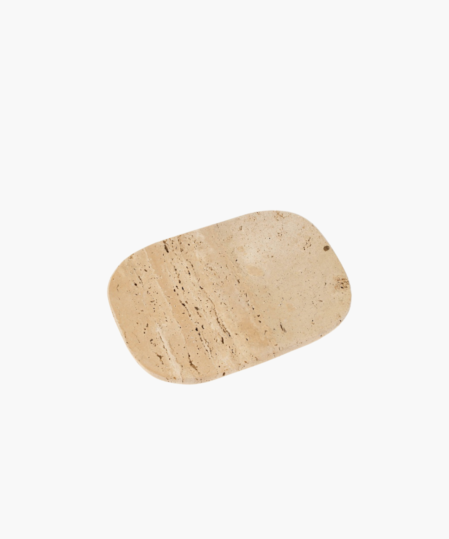 Rounded rectangular beige stone tray with natural dark veins on a white background. Texture suggests a smooth, earthy surface, radiating simplicity and elegance.