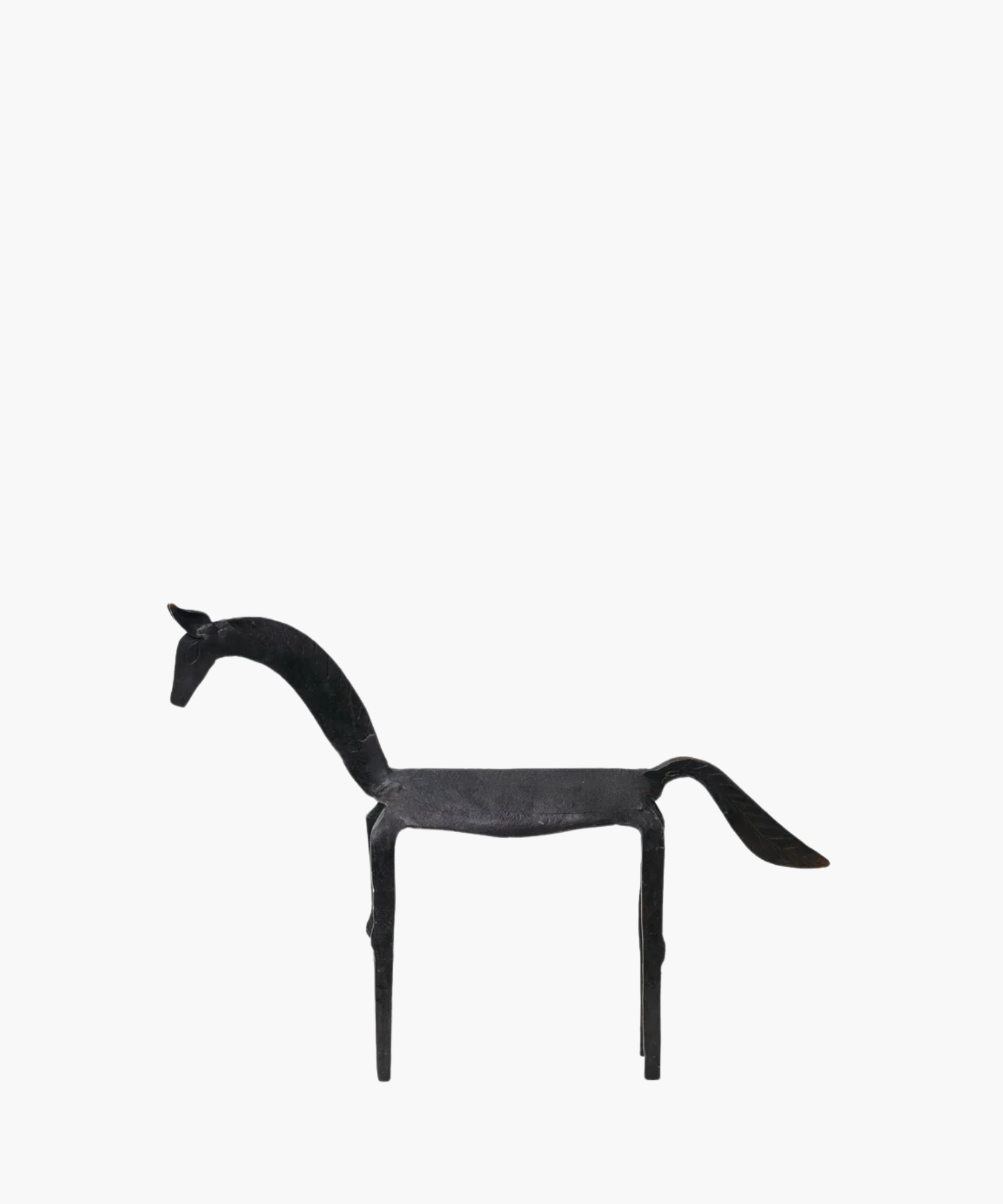 Weathered equestrian sculpture in iron finish styled on a white background. 