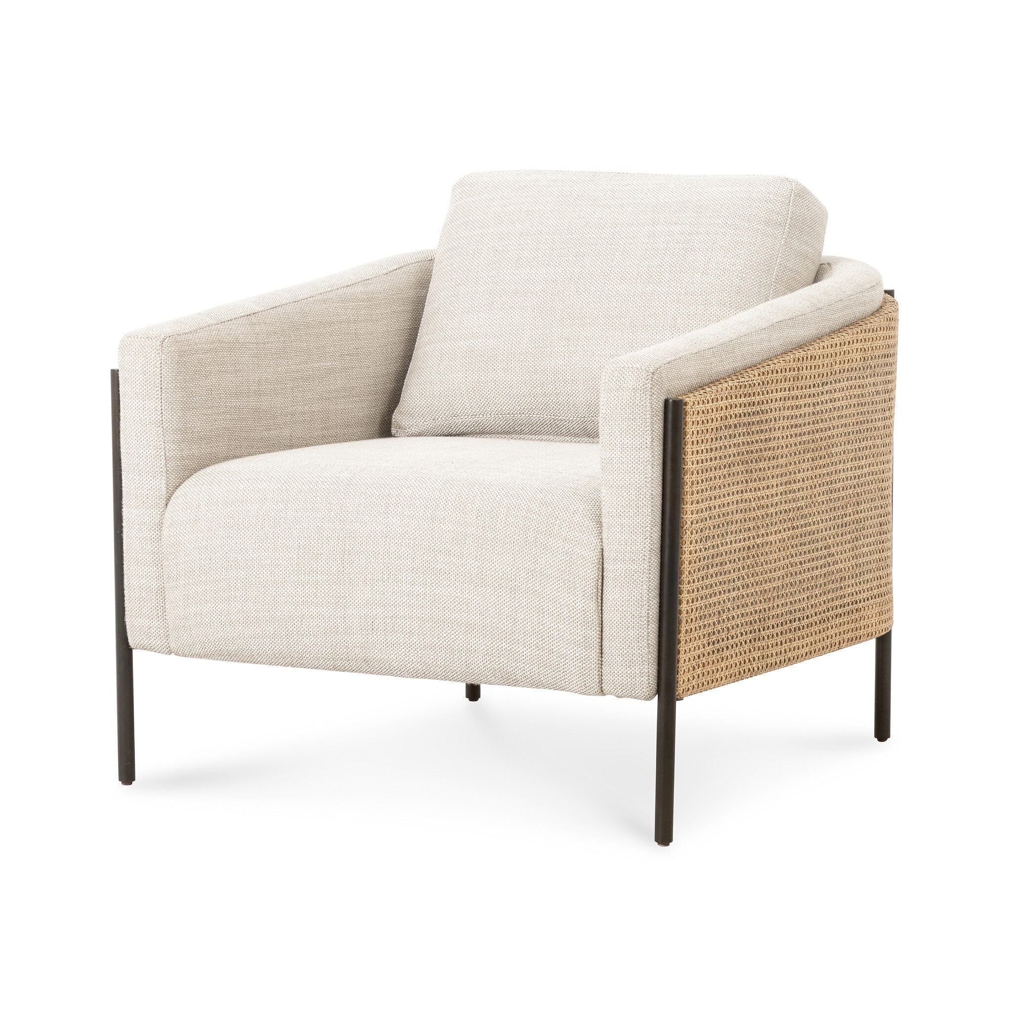 Beige armchair with dark metal legs on a white background.