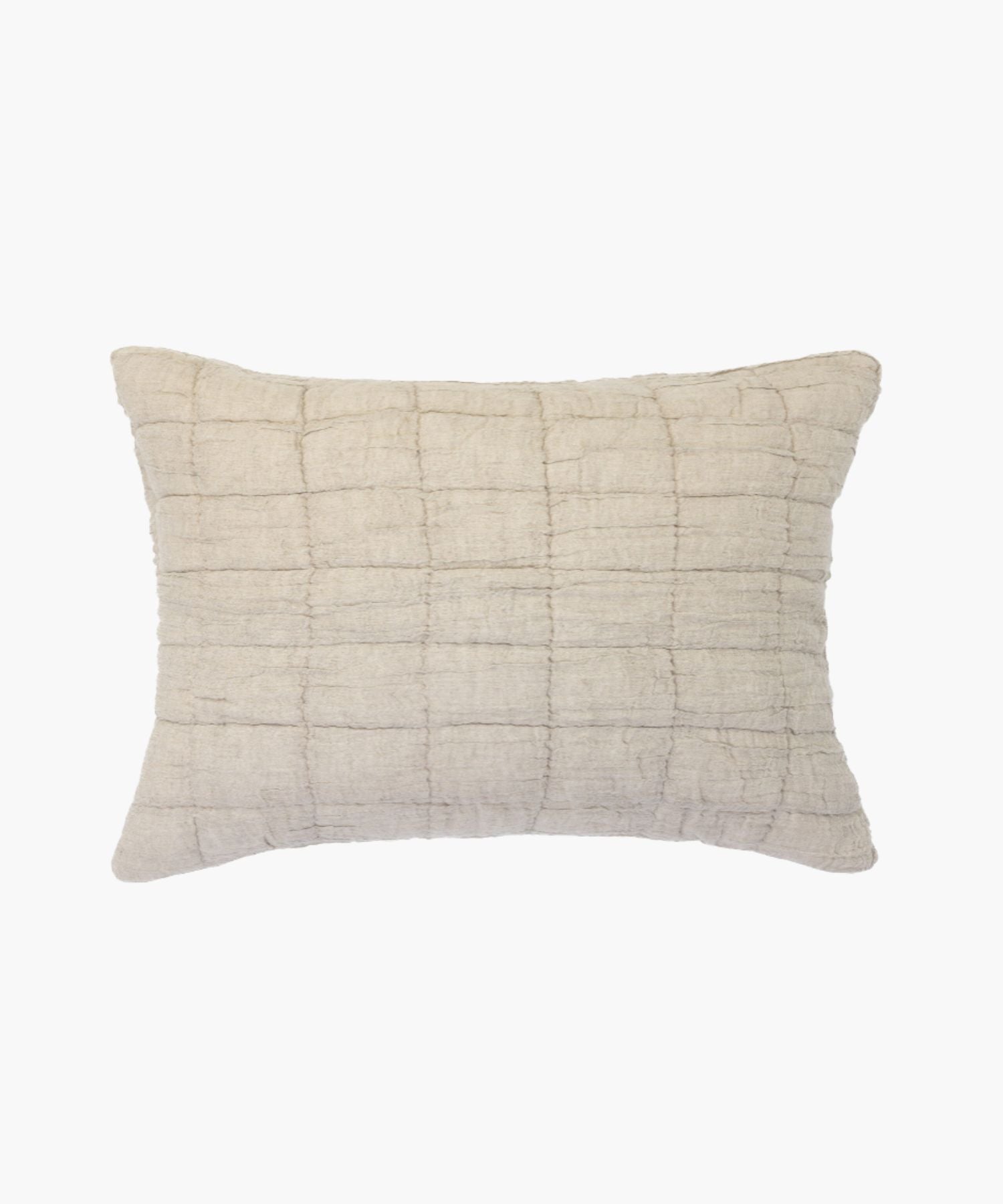 Rectangular beige cotton-linen sham with puckered gauzy texture and subtle block quilting.