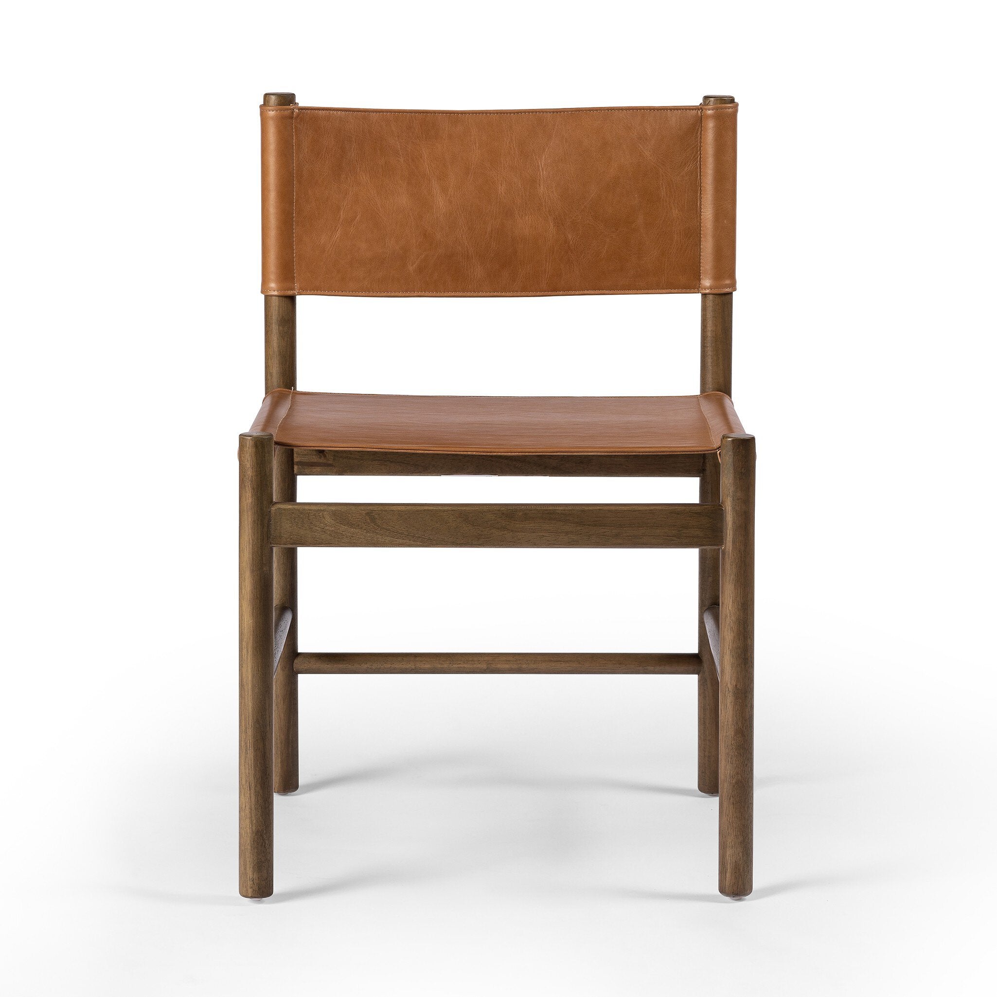 Brown wooden chair with sling-style leather seating on a white background. | Wildwood Home Co.