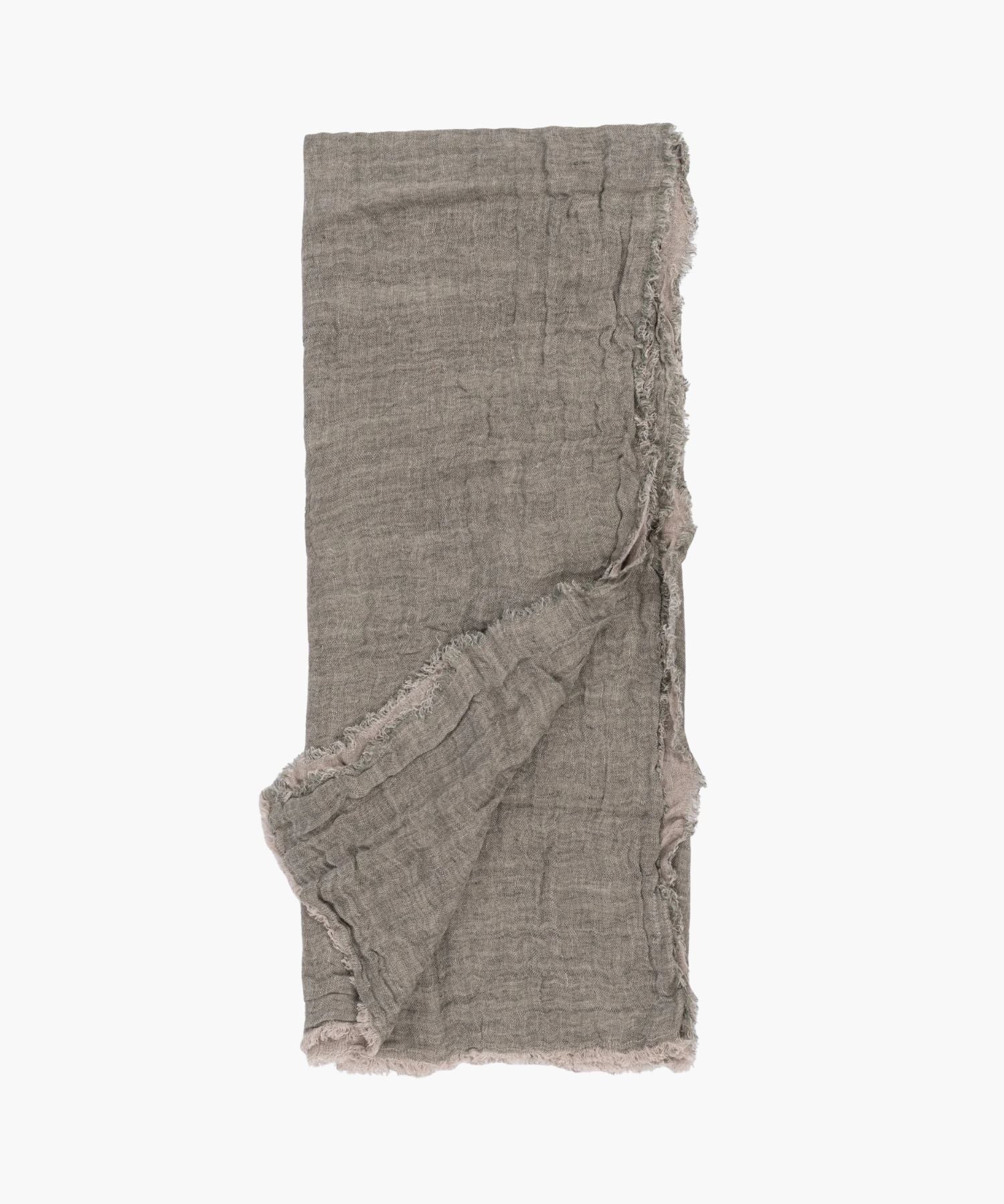 Flat lay of the Kent Super Throw in natural greenish brown linen tone, highlighting its oversized linen gauze texture and soft fringed edges.