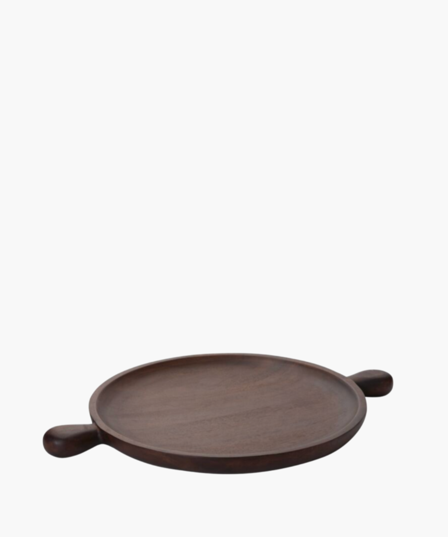 Large round, dark wooden serving tray with handles on each side, set against a white background. The sleek design conveys a rustic, elegant feel.