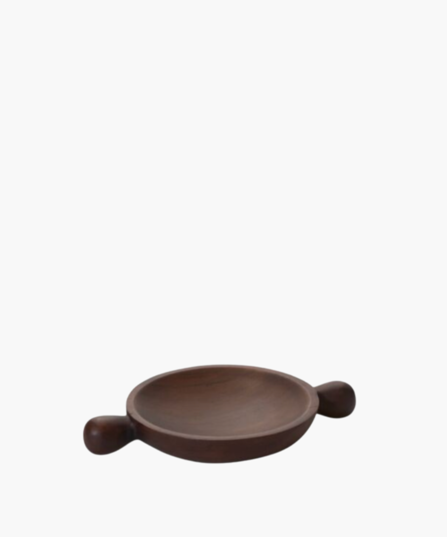 Small round, dark wooden serving tray with handles on each side, set against a white background. The sleek design conveys a rustic, elegant feel.