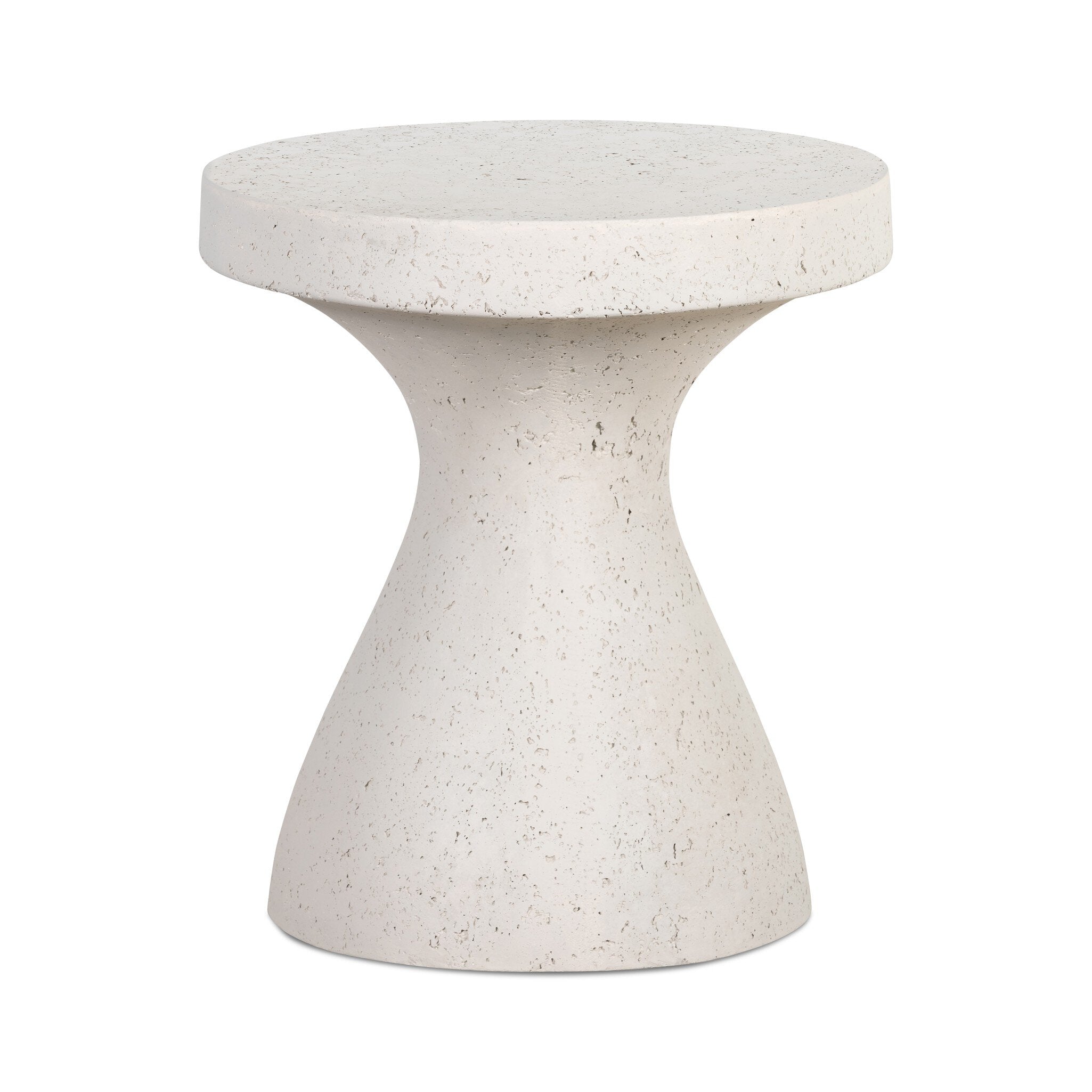 Concrete end table with a hourglass style base and a round top on a white background. | Wildwood Home Co.
