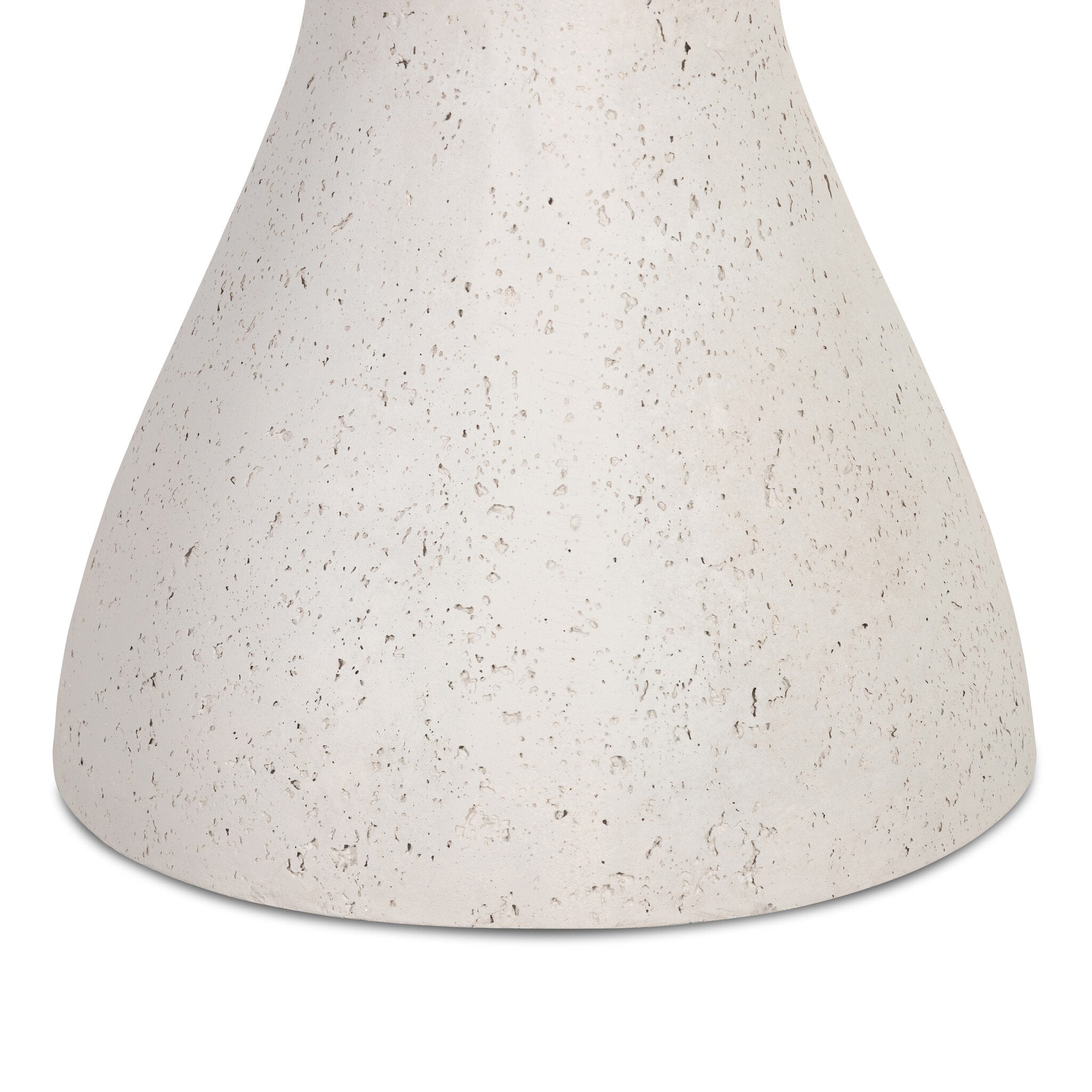 Close up of the concrete end table showing the hourglass shape of the base. 