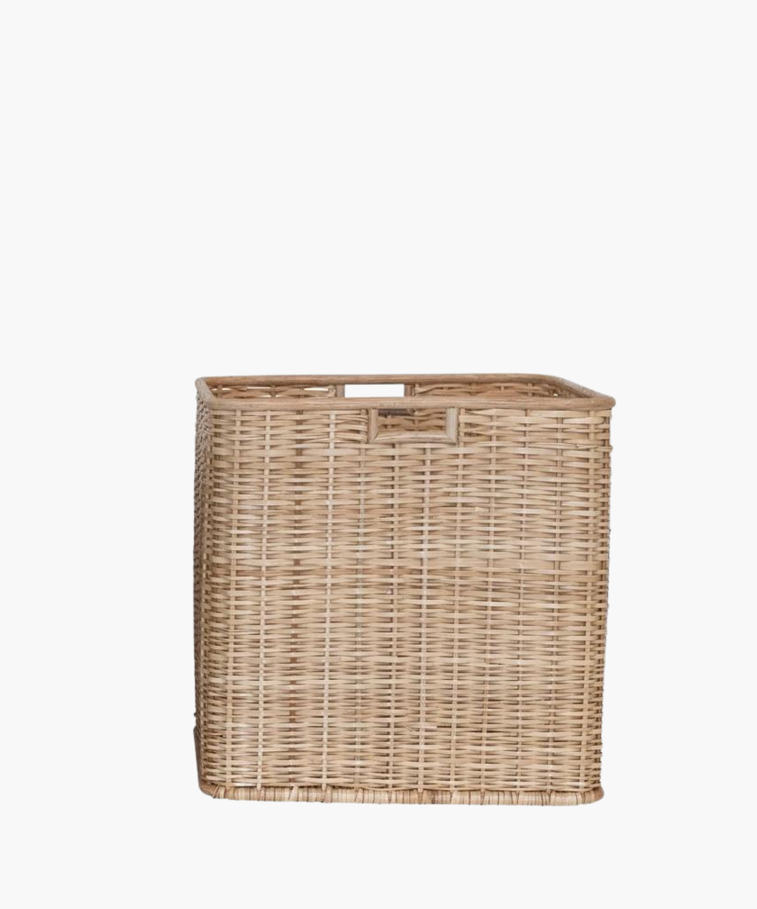 Large square rattan and palm basket with a natural finish, featuring a tight weave and sturdy rectangular shape. Simple and functional, evokes a rustic charm. | Wildwood Home Co.