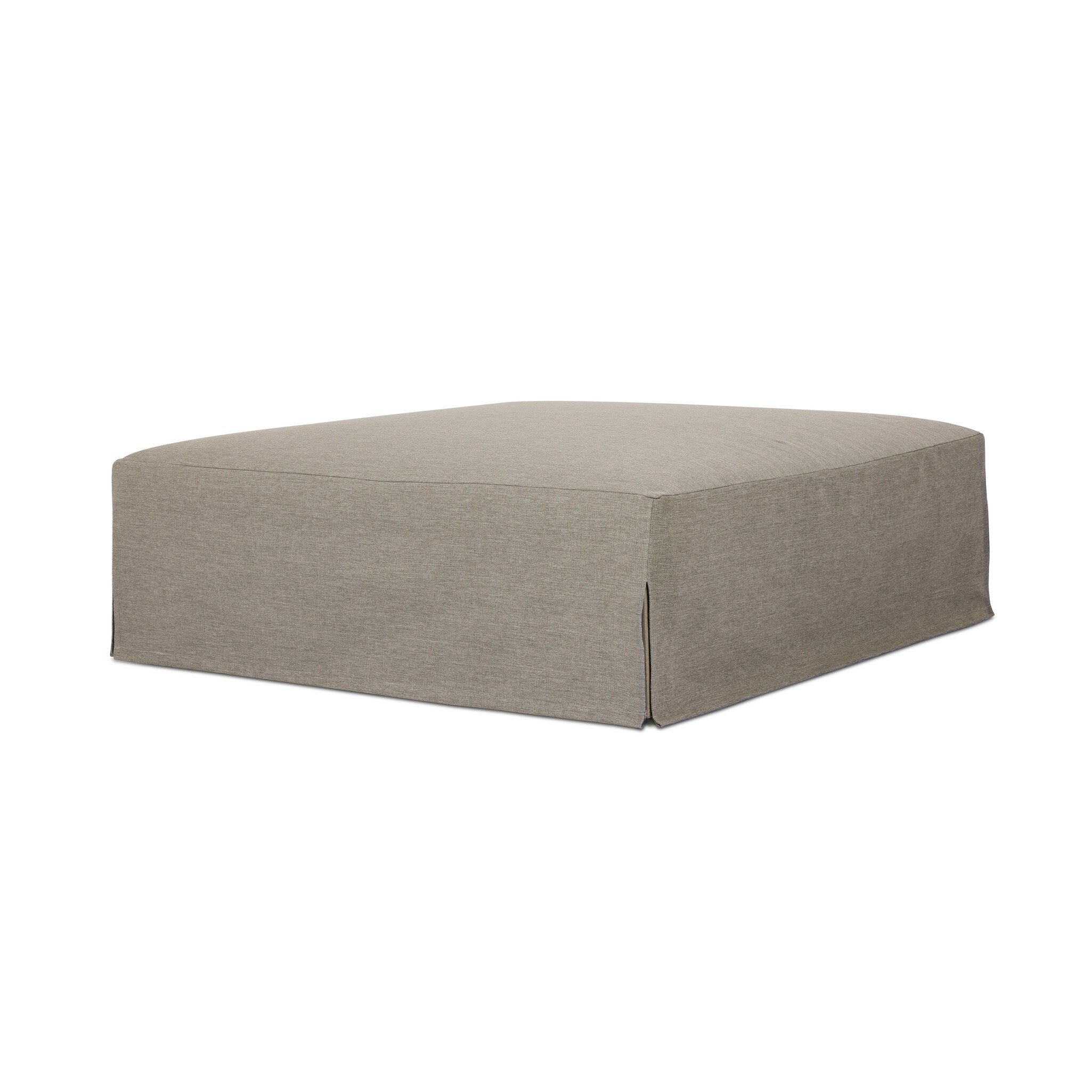 Slipcover gray outdoor ottoman on a white background.