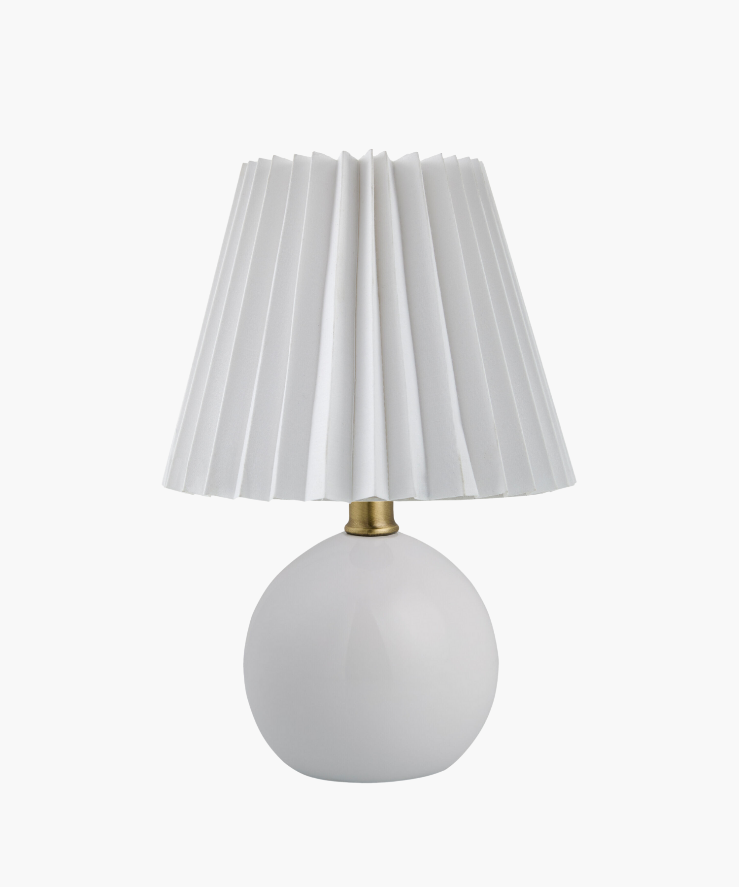 White table lamp with a rounded ceramic base and pleated fabric shade, conveying a minimalist and elegant design. Gold accent at the neck. | Wildwood Home Co.